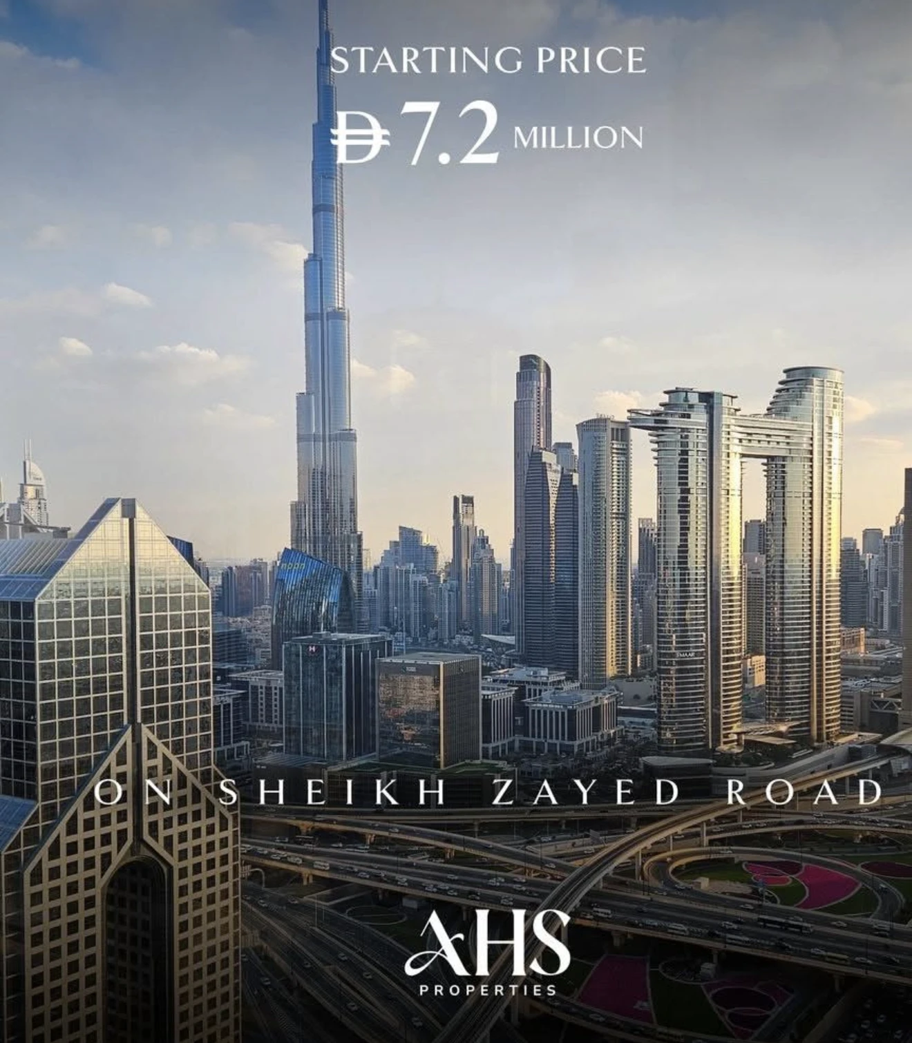 AHS Sheikh Zayed Road office tower with Burj Khalifa view, starting price AED 7.2 million