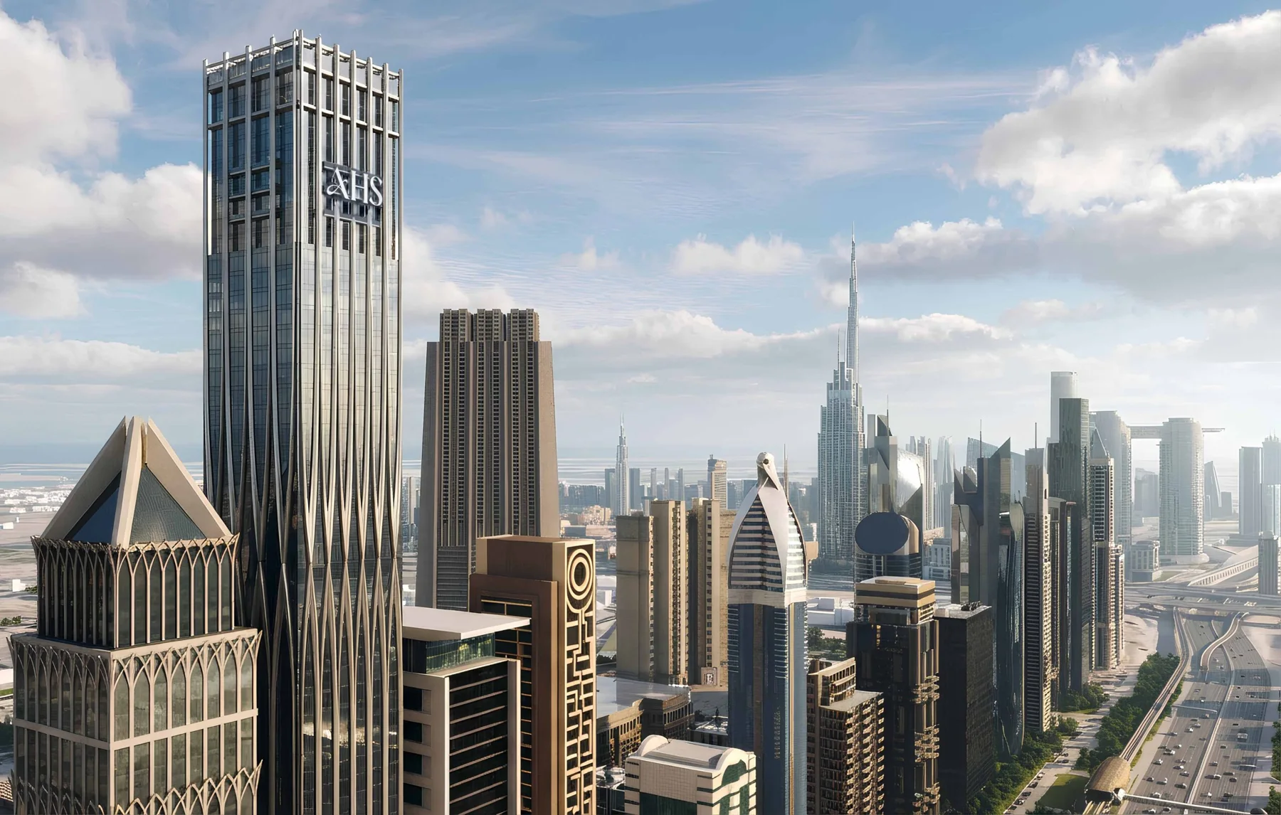 Aerial view of AHS Tower near DIFC, official render