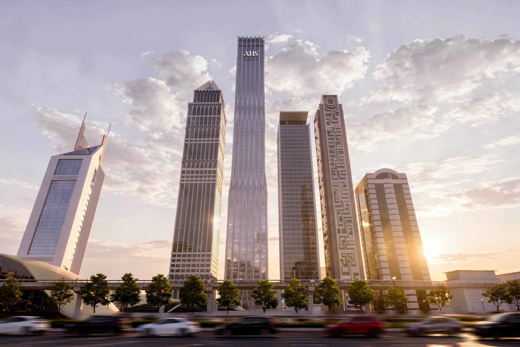 AHS Tower on the Sheikh Zayed Road skyline, official render