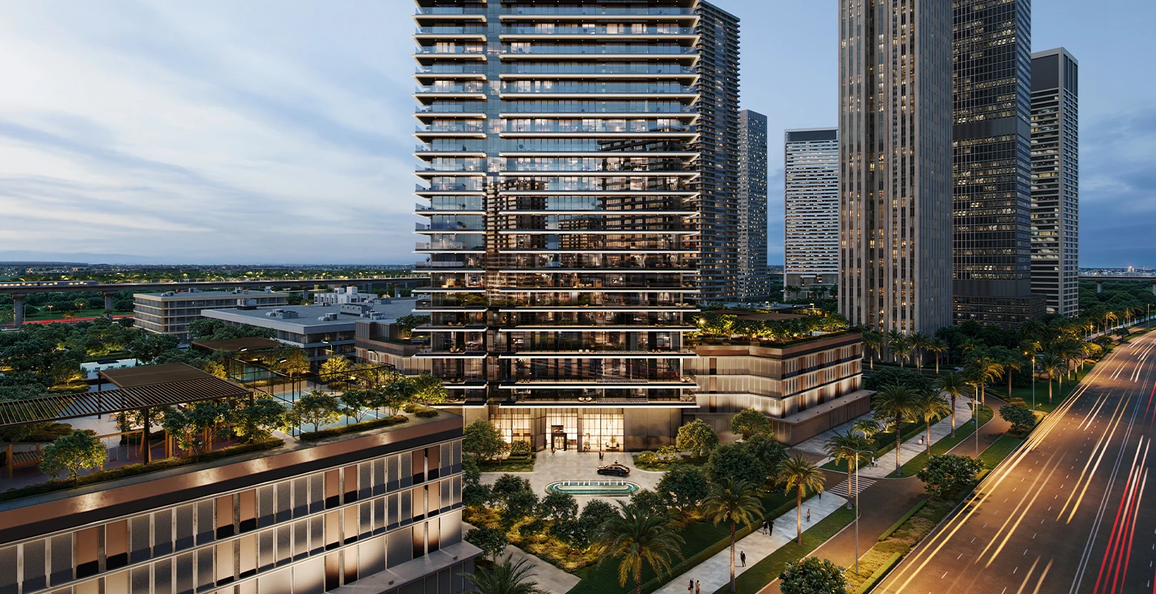 Albero by Emaar at Dubai Creek Harbour exterior render at dusk with illuminated tower and podium amenities