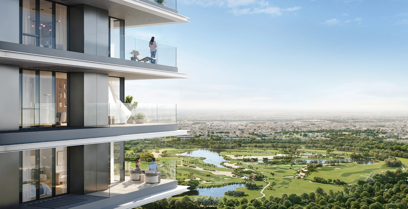 Altan by Emaar at Dubai Creek Harbour balcony render overlooking golf course and city views