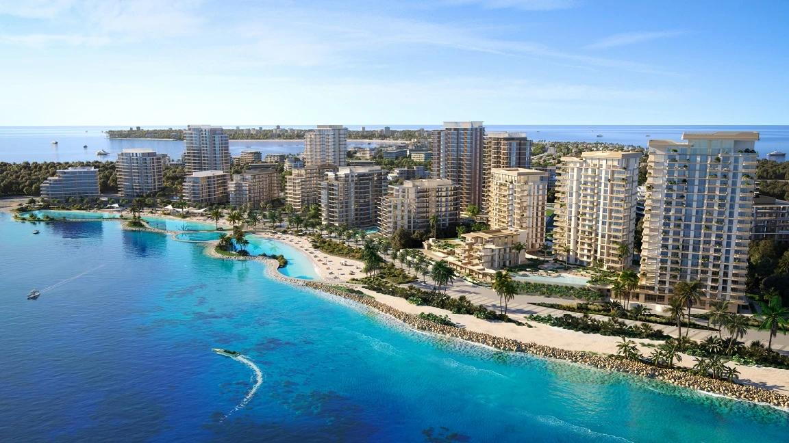 Bay Grove Residences waterfront towers and beach on Dubai Islands, official Nakheel render