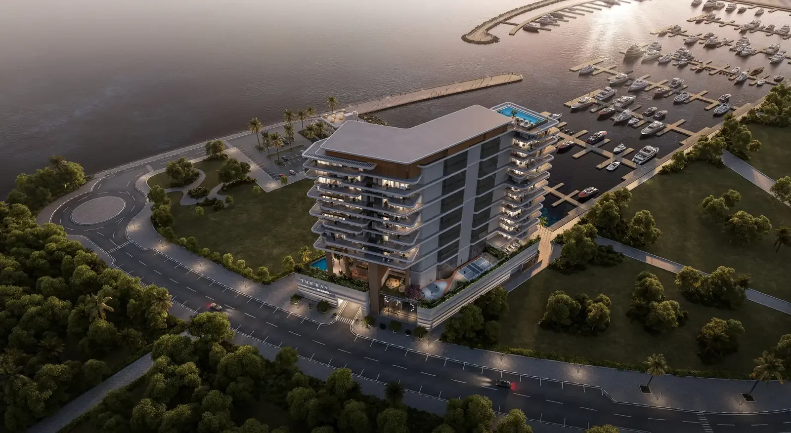 The Bay Interiors by Missoni Dubai Islands aerial dusk render