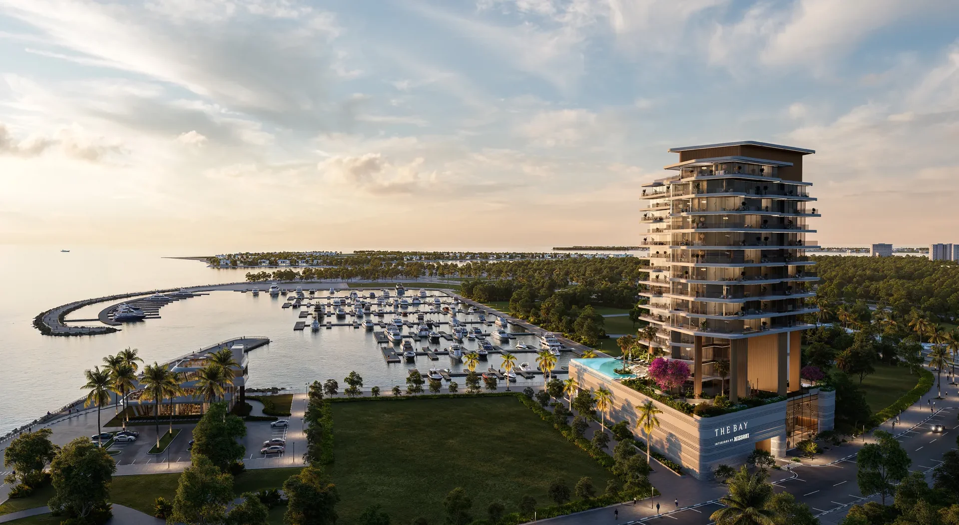 The Bay Interiors by Missoni Dubai Islands marina facade day render