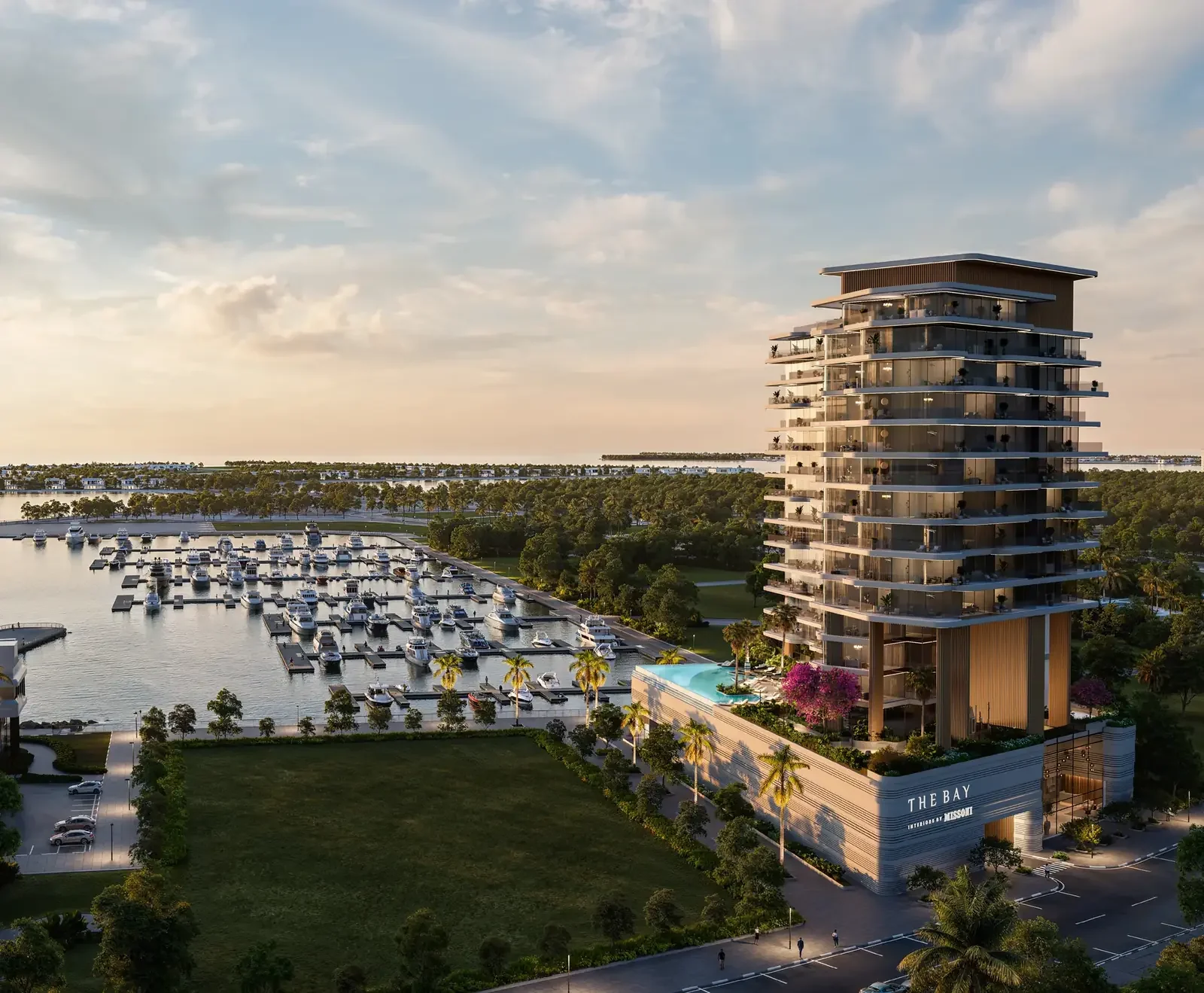 The Bay Interiors by Missoni marina-front tower render on Dubai Islands