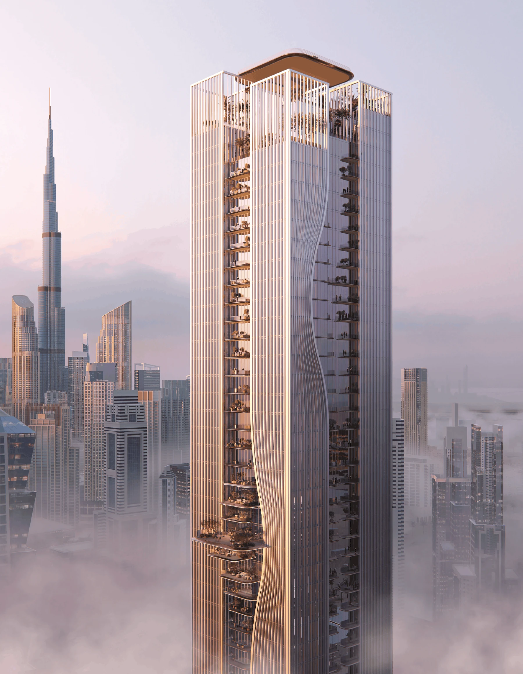 Full-height render of the 60-plus-floor Berkeley Tower office building rising above Business Bay