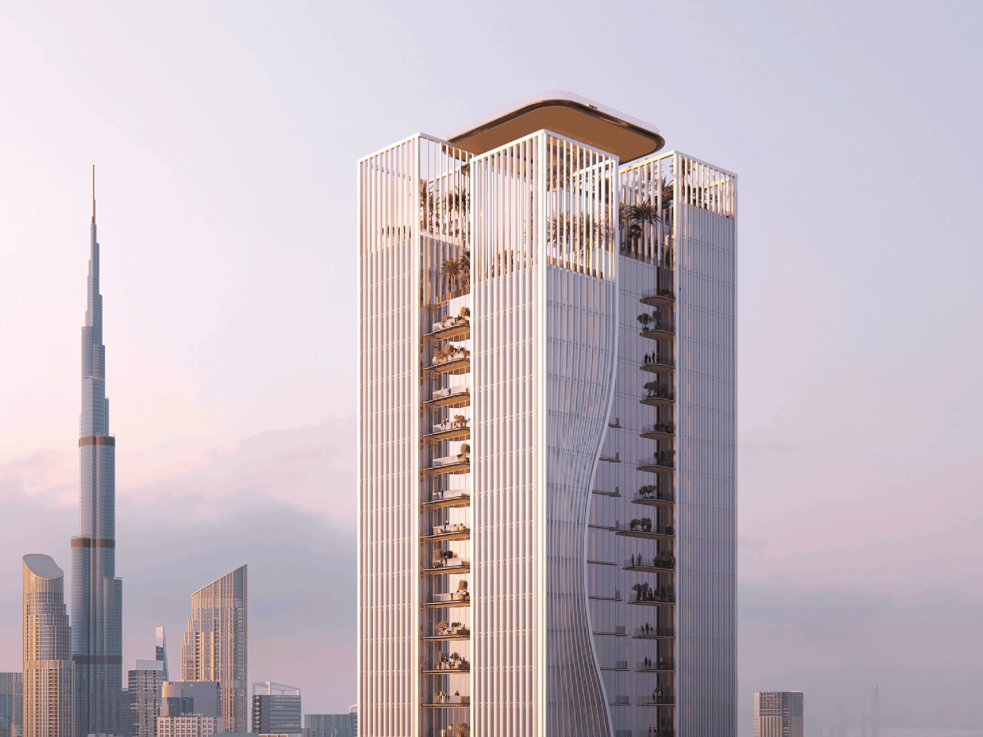 Berkeley Tower by Ellington Properties in Business Bay with the Burj Khalifa on the Dubai skyline