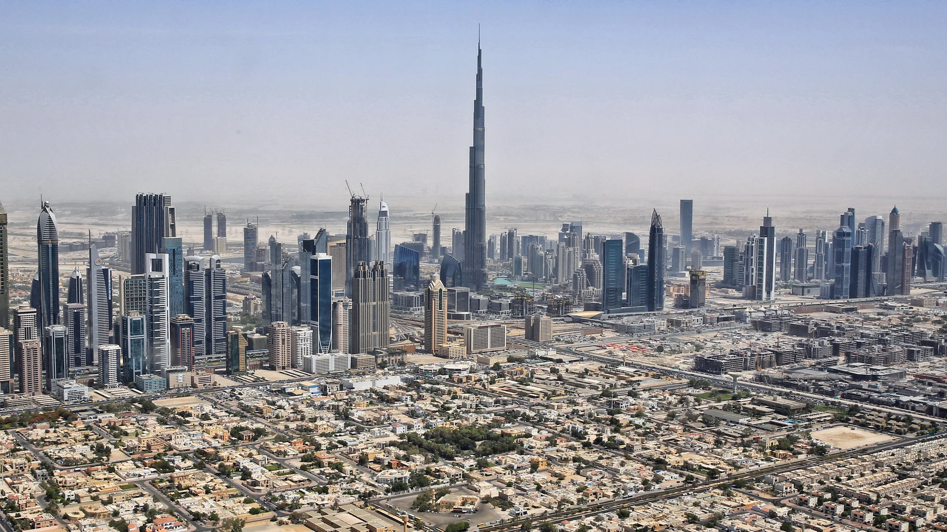 Aerial view of the Downtown Dubai skyline and Burj Khalifa