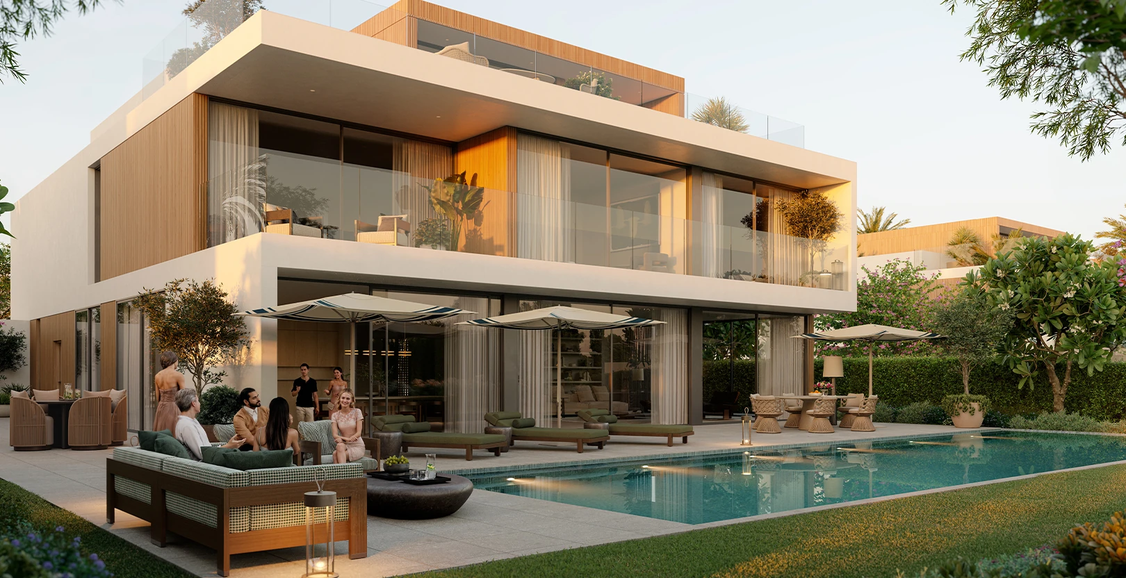 Chevalia Estate 2 by Emaar at Grand Polo Club and Resort villa exterior with private pool at sunset