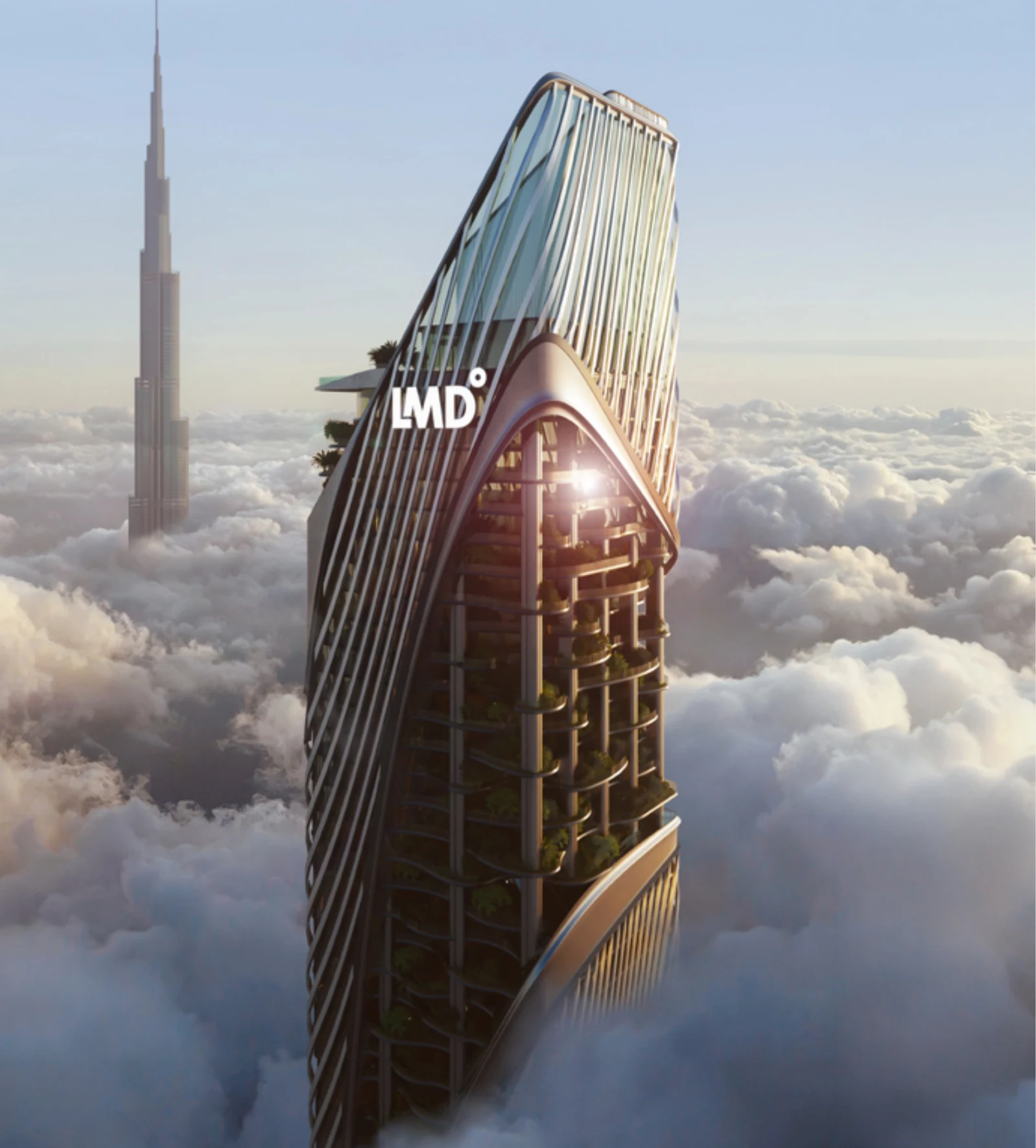 Christian A. Rockefeller Business Tower by LMD rising above the clouds beside the Burj Khalifa