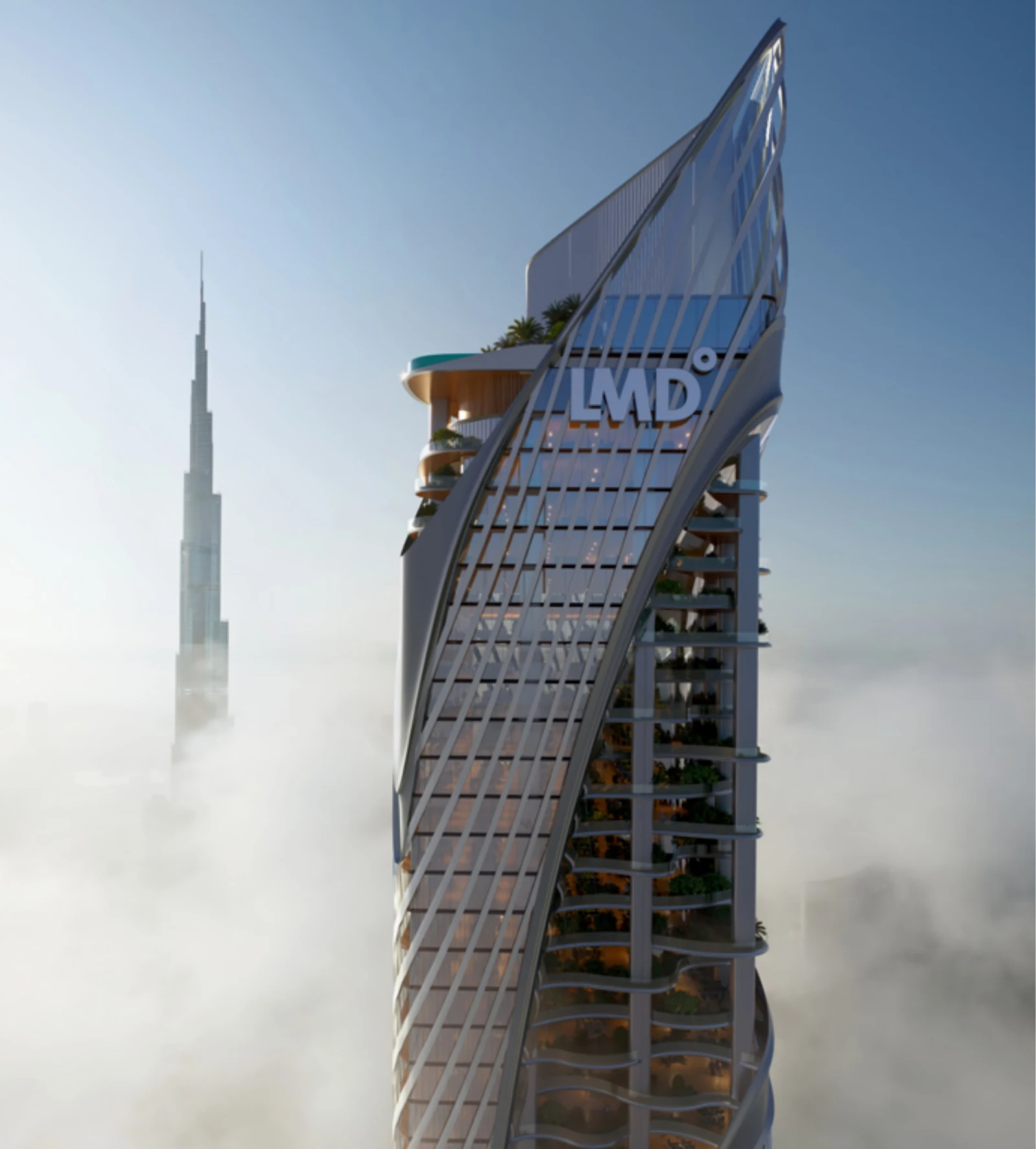 Crown of Christian A. Rockefeller Business Tower with sky terraces and the Burj Khalifa behind