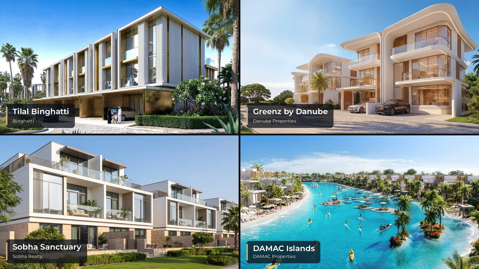 Official renders of Tilal Binghatti, Greenz by Danube, Sobha Sanctuary and DAMAC Islands townhouses in Dubai