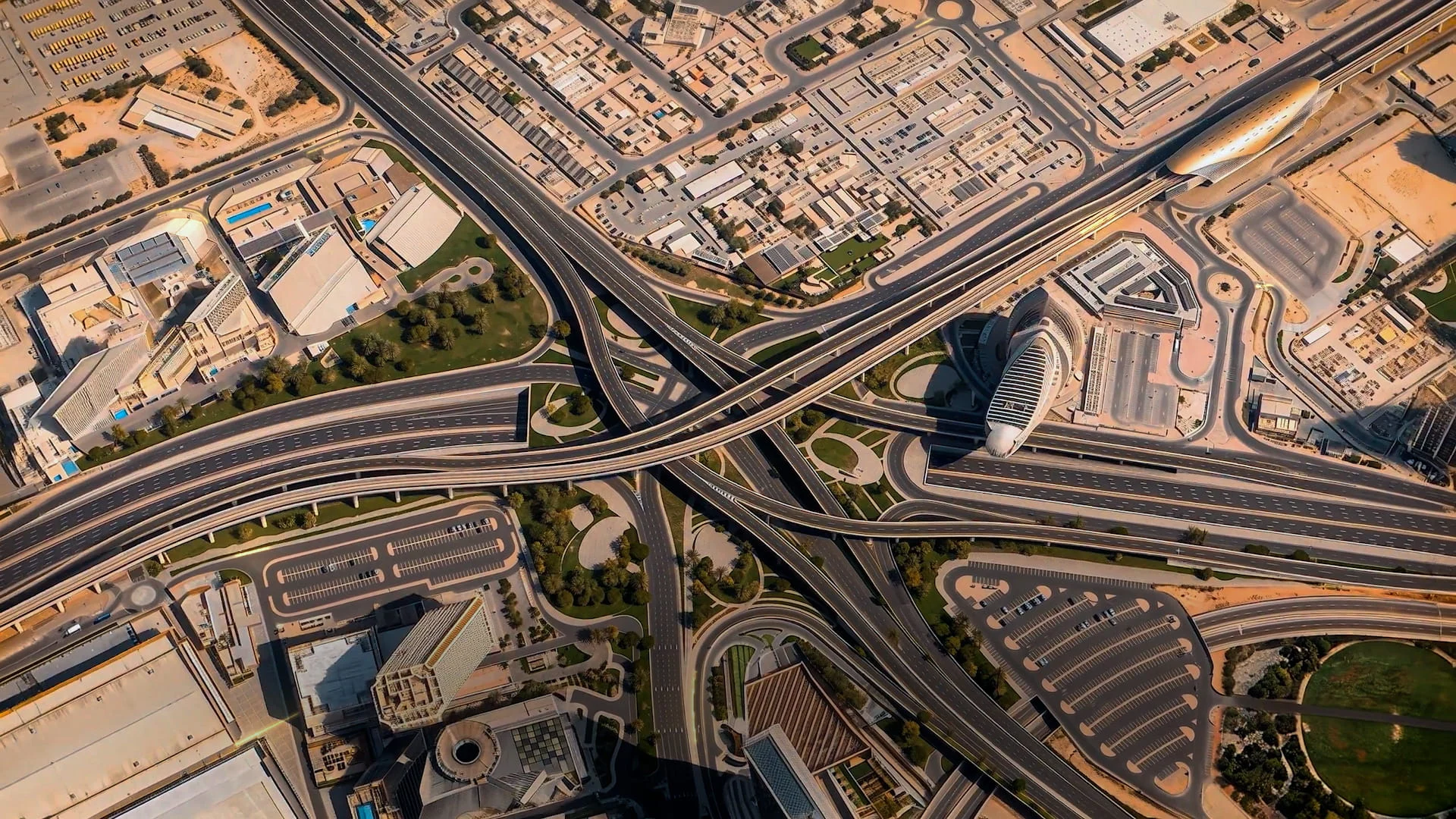 Aerial view of the World Trade Centre Roundabout bridges on Sheikh Zayed Road near the Museum of the Future, Dubai