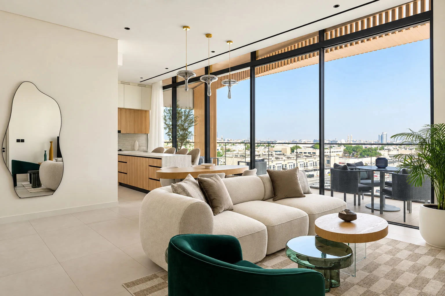 Living room with floor-to-ceiling windows in a completed Elemental 78 apartment, Jumeirah Garden City