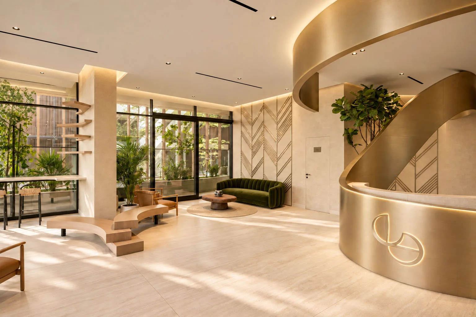 Residents' lobby with landscaped planting at Elemental 78, Jumeirah Garden City