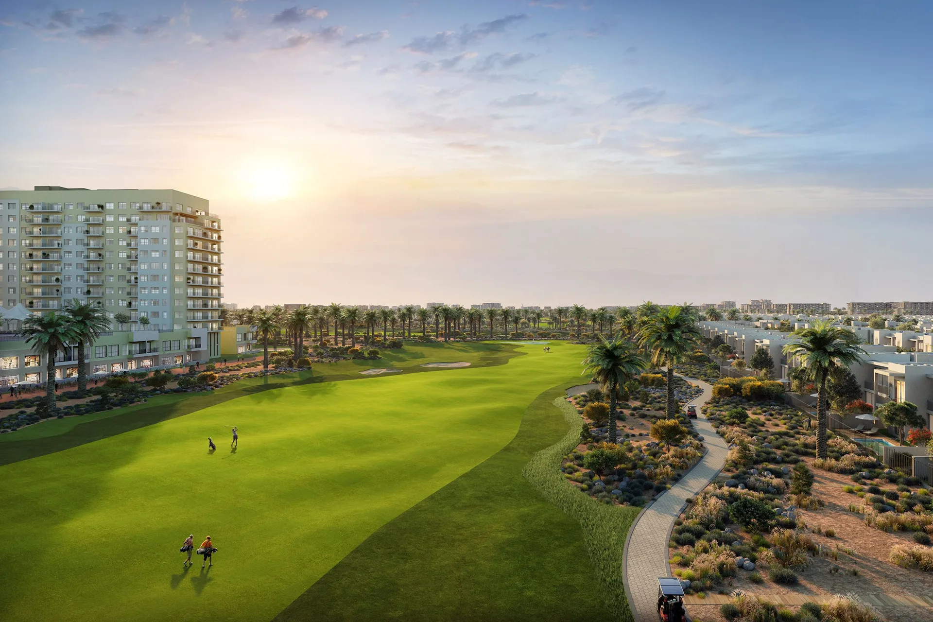 Render of Emaar South golf course fairway with apartments and townhouses alongside