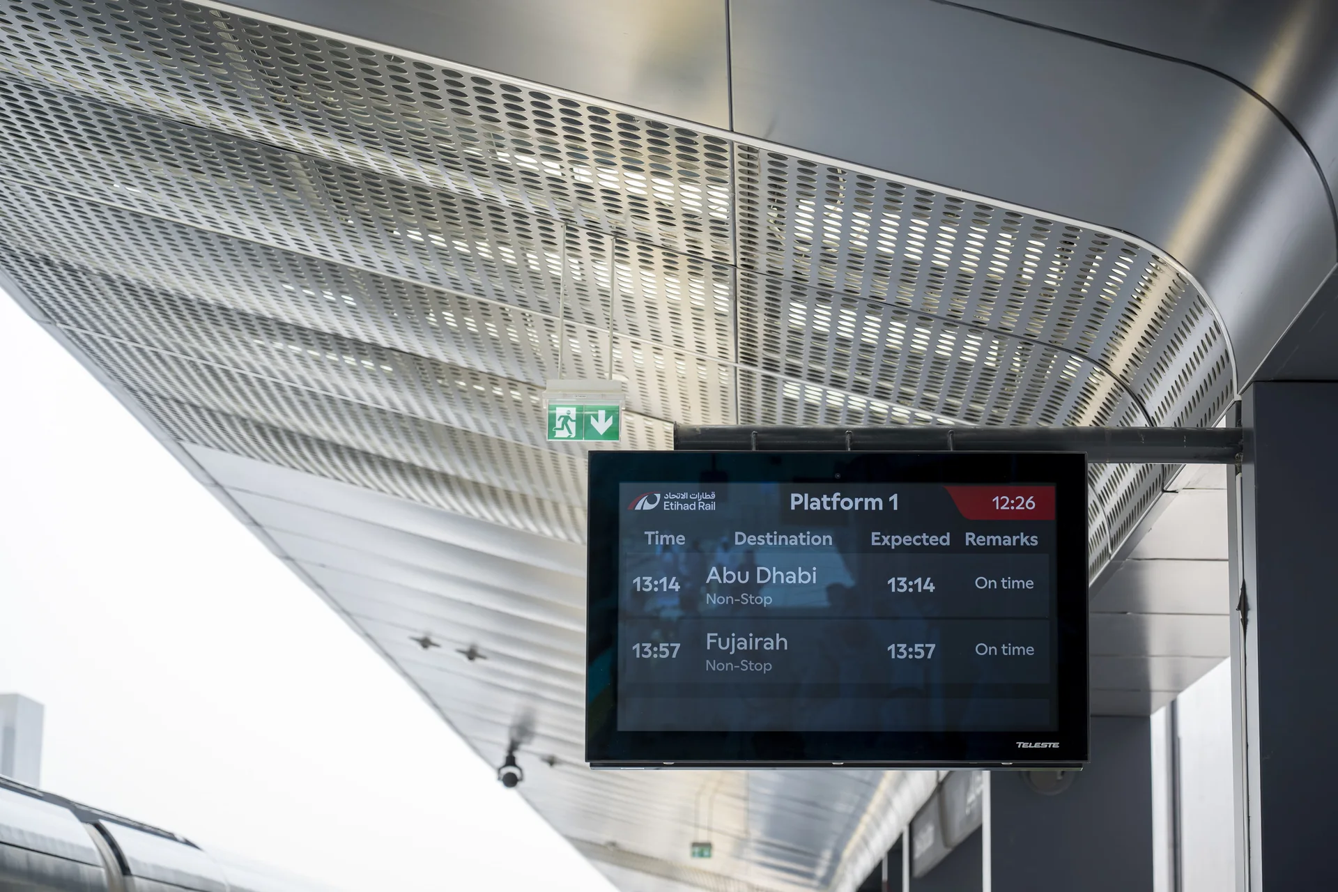 Platform departure board at Etihad Rail's Dubai Al Yalayis Station showing services to Abu Dhabi and Fujairah