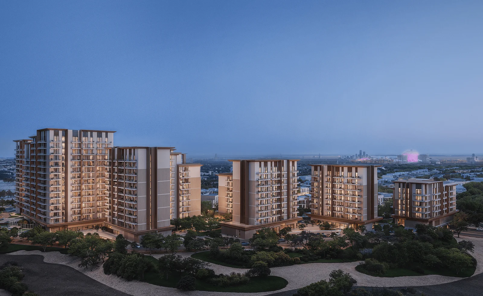 Dusk render of Expo Valley Views apartment buildings at Expo City Dubai