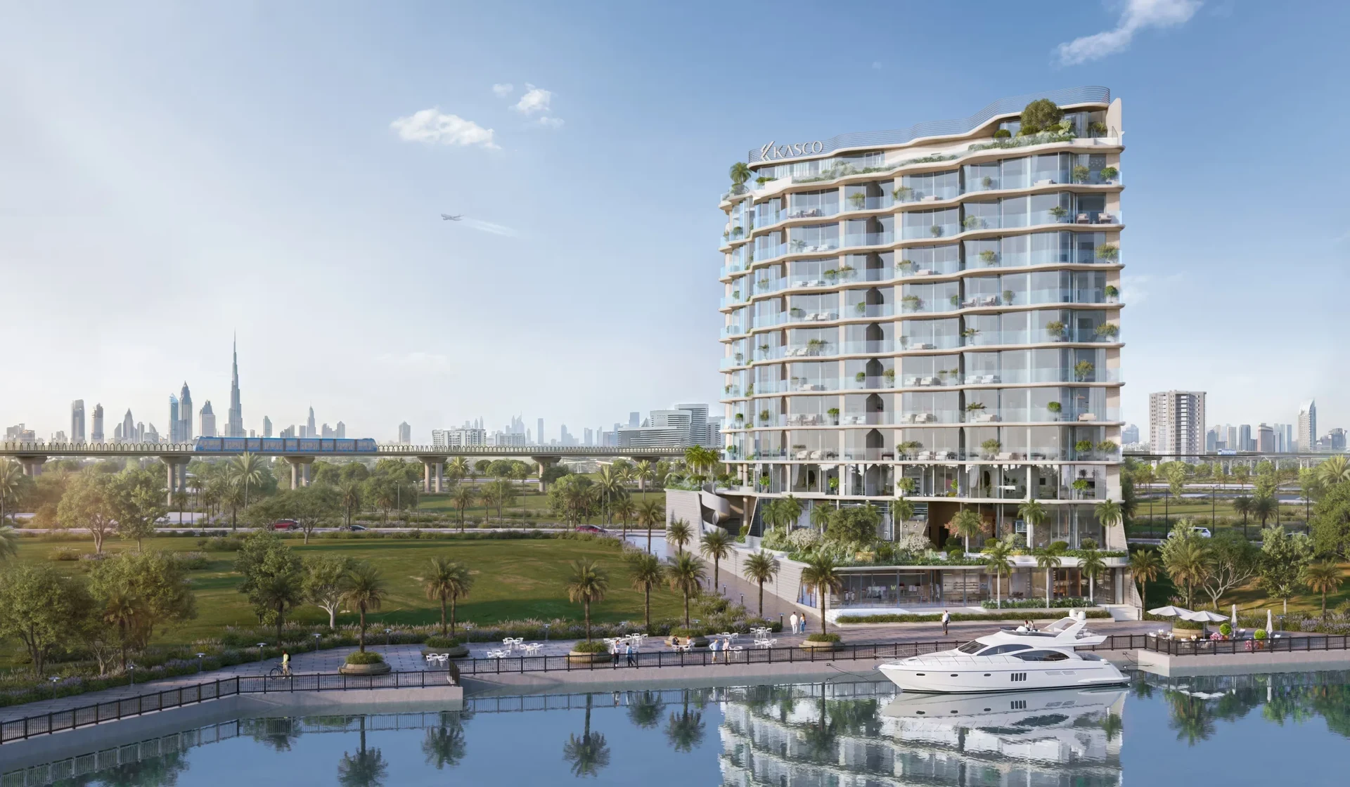 FALA by KASCO residential building on the Al Jaddaf waterfront with the Dubai skyline behind