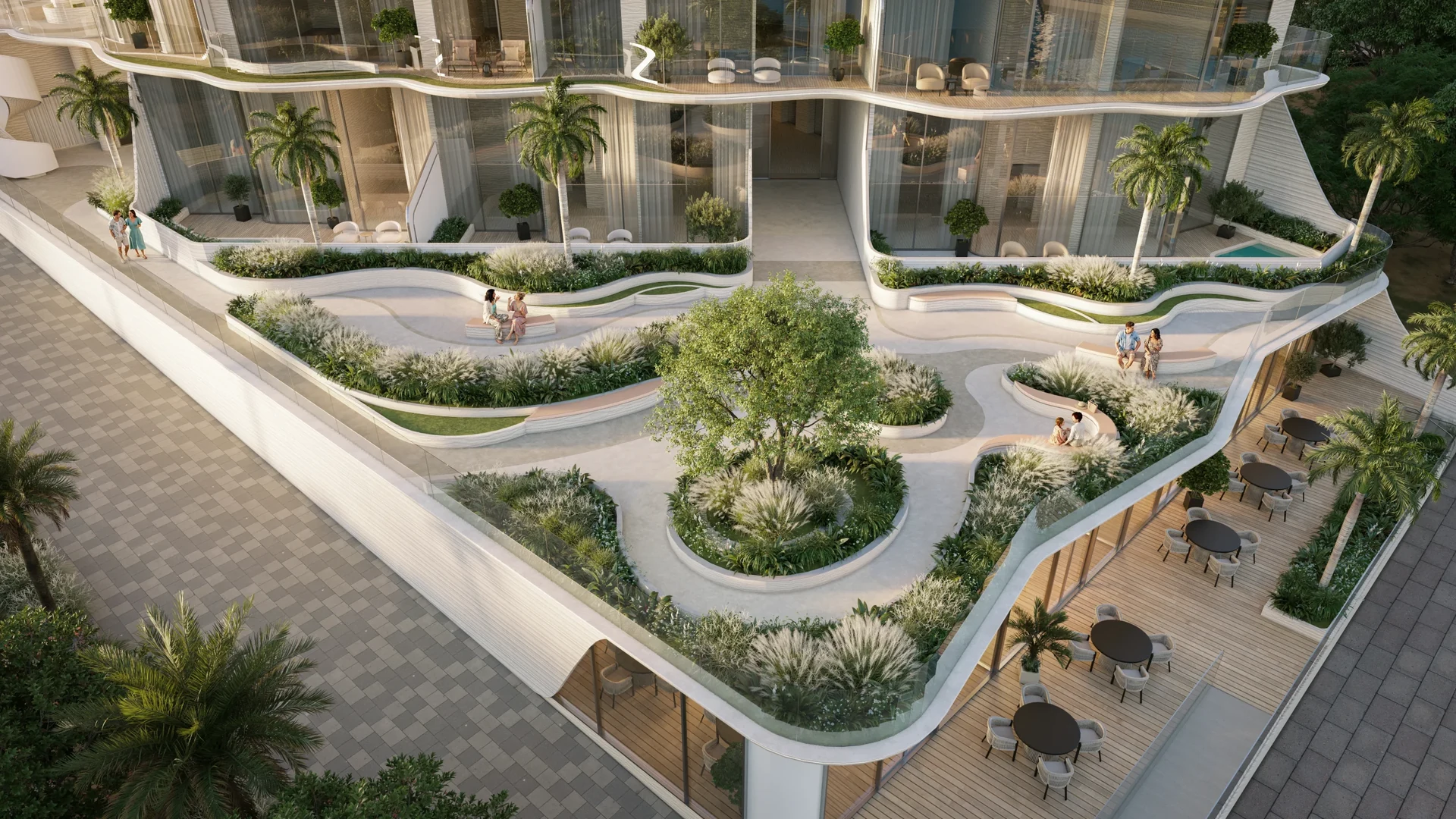 Landscaped podium terraces and outdoor seating at FALA by KASCO, Al Jaddaf