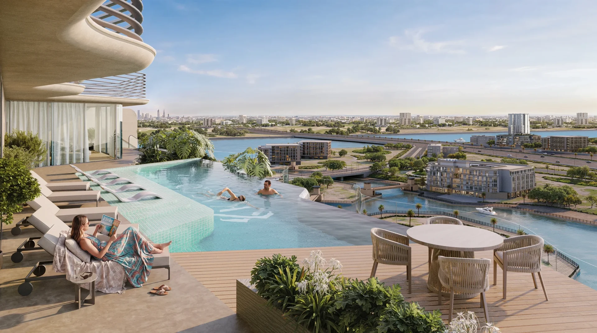 Rooftop infinity pool at FALA by KASCO overlooking the Al Jaddaf waterfront