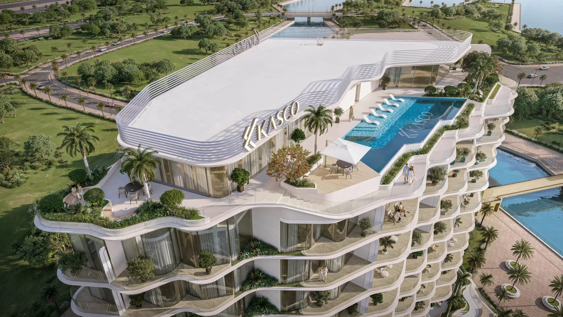 Aerial render of the FALA by KASCO rooftop pool deck and curved terraces in Al Jaddaf