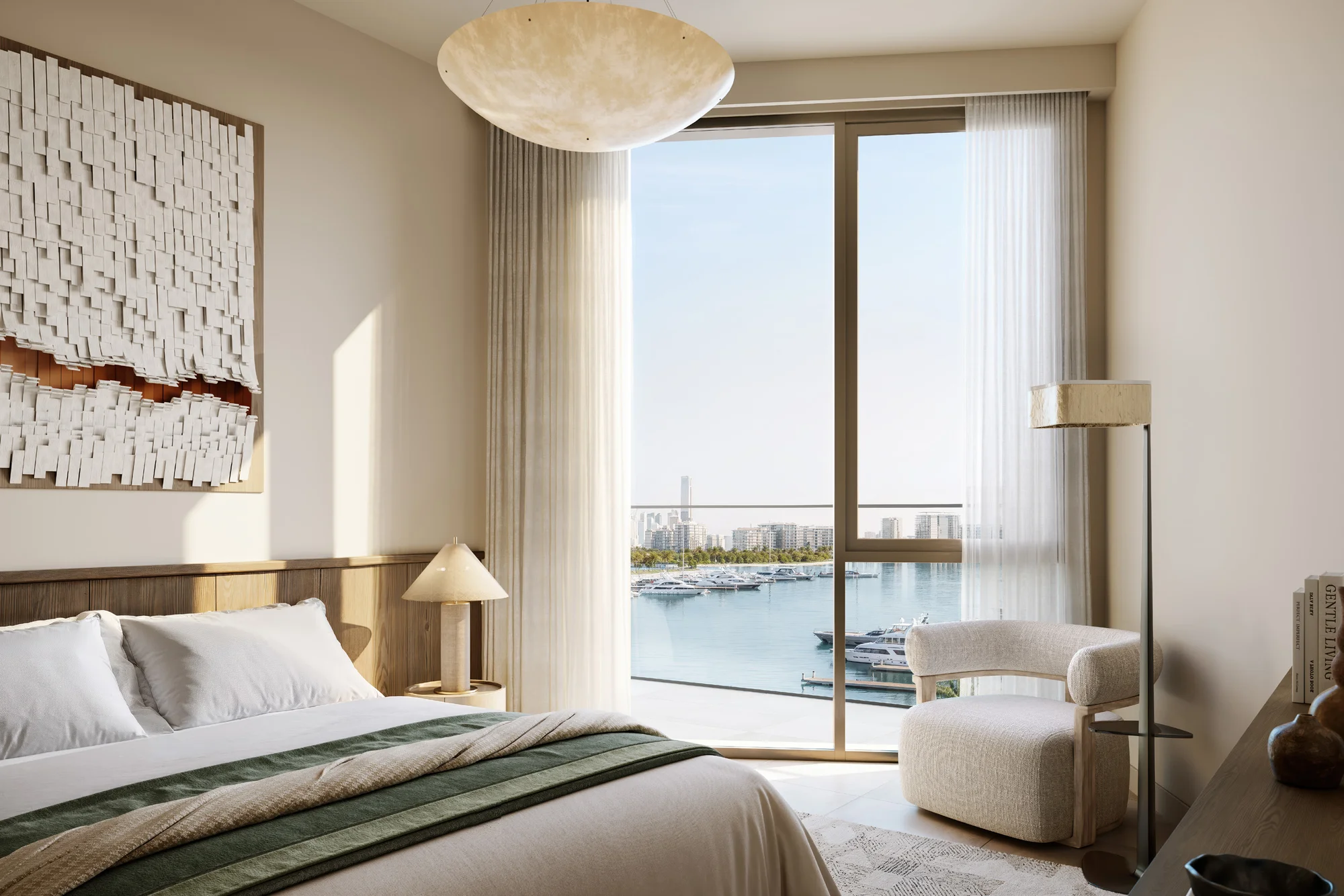Fior 1 bedroom with soft neutral finishes and a view over the marina