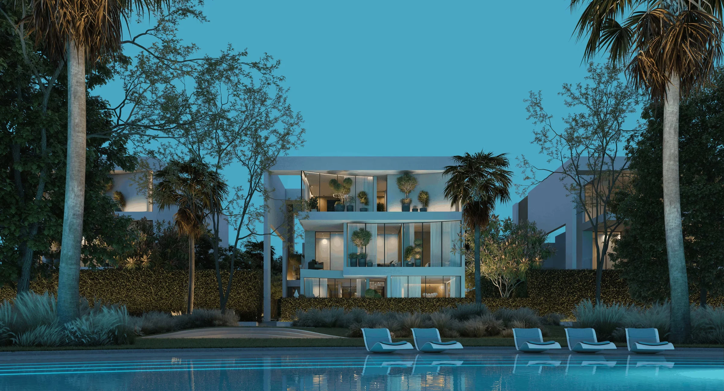 Lunaya homes beside the landscaped lagoon at dusk, Saih Shuaib, Dubai