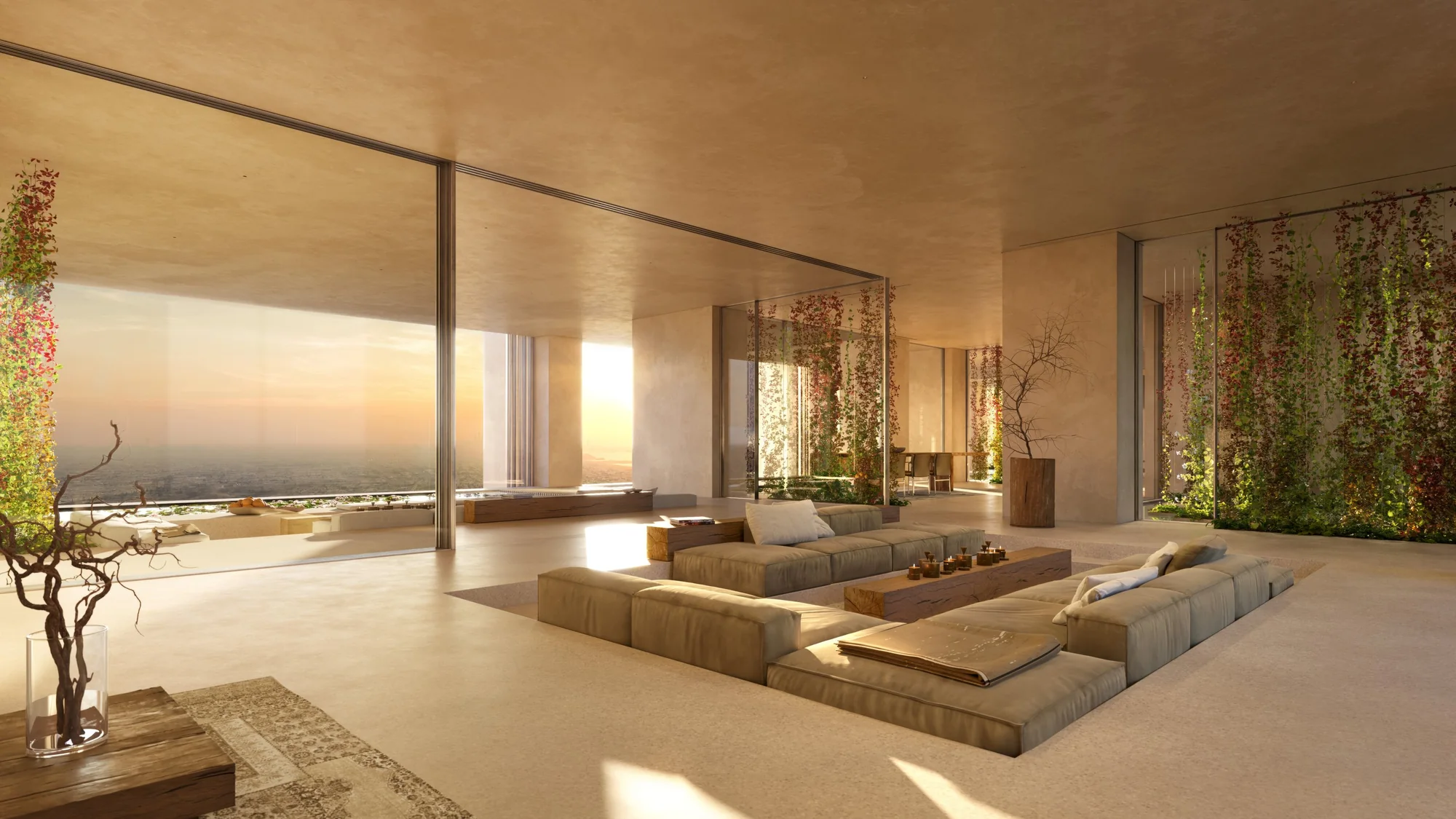Muraba Veil 3-bedroom residence living room with full-width glazing and city views, official interior render