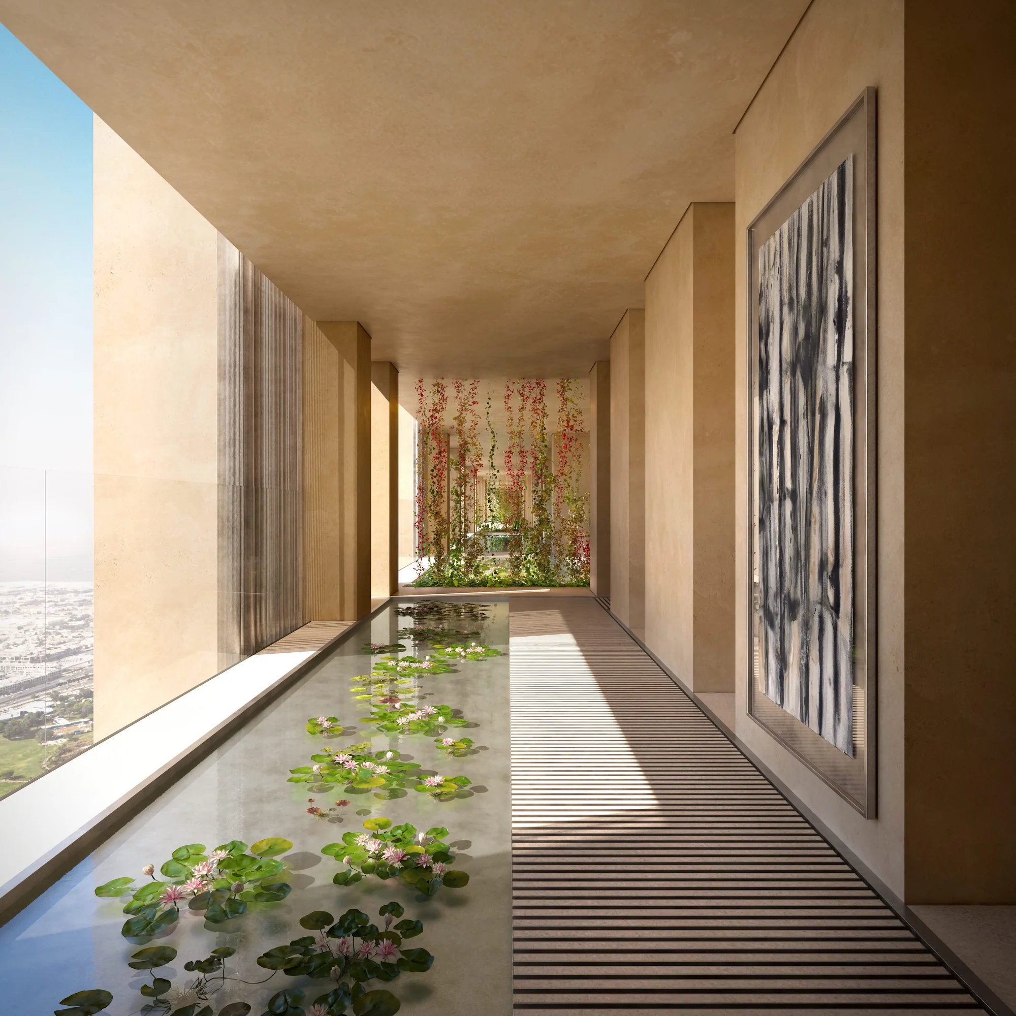Muraba Veil 3-bedroom residence entry with water pool and planted courtyard, official interior render