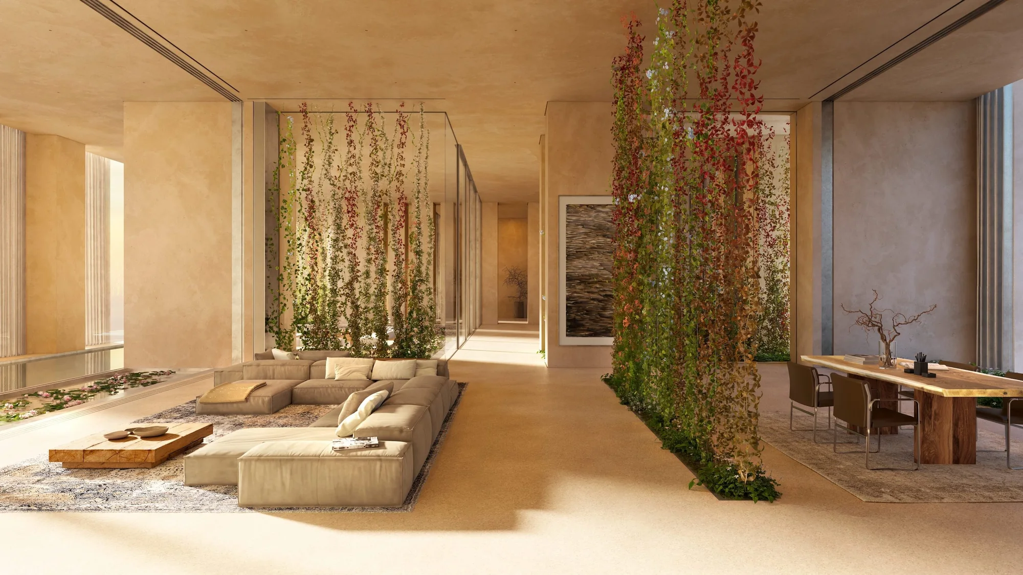 Muraba Veil 4-bedroom residence library and lounge with hanging greenery, official interior render
