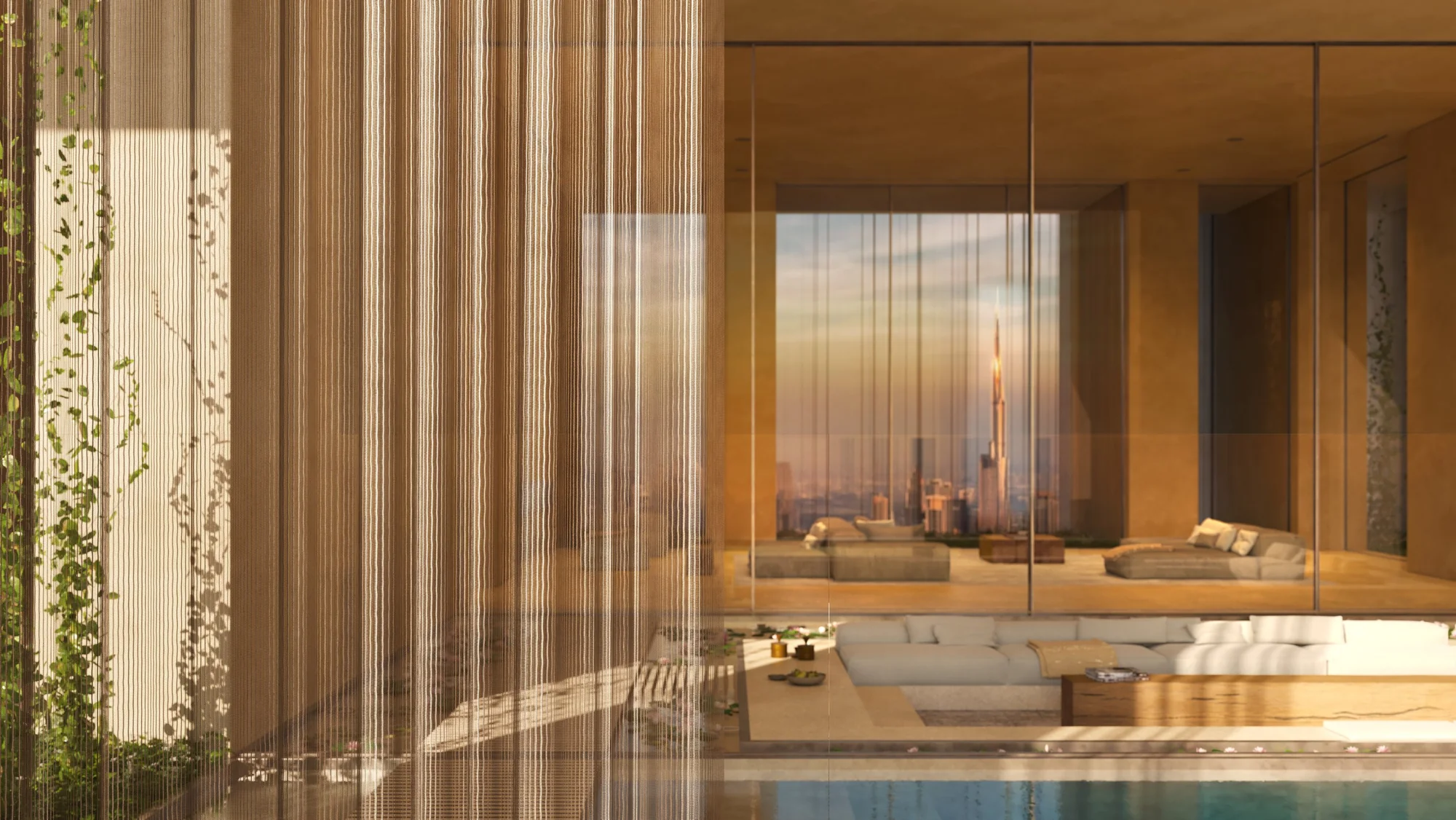 Muraba Veil 4-bedroom residence terrace pool behind the stainless steel mesh veil, official render