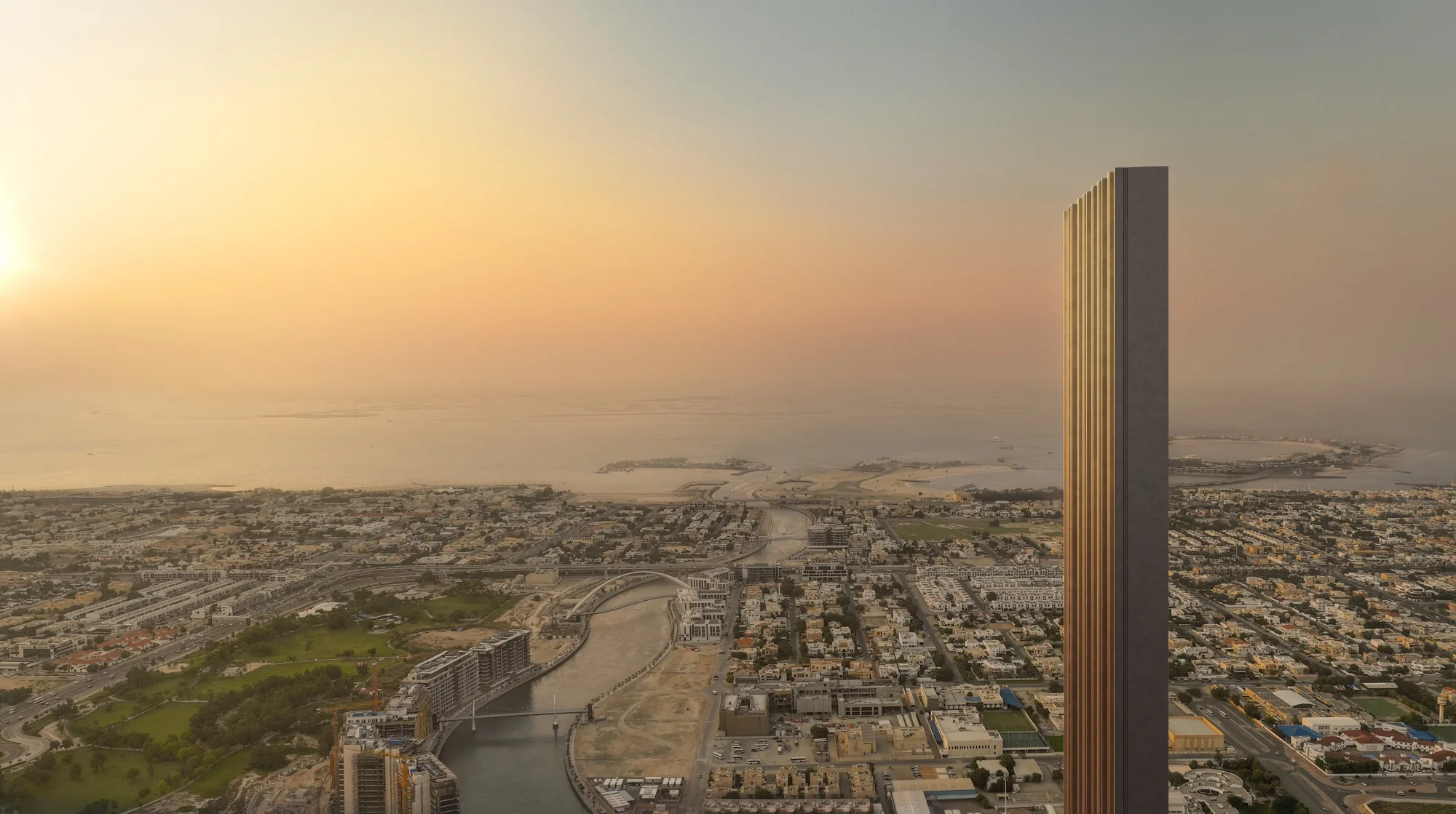 Aerial view of Muraba Veil in Al Wasl looking towards the Arabian Gulf at sunset, official render