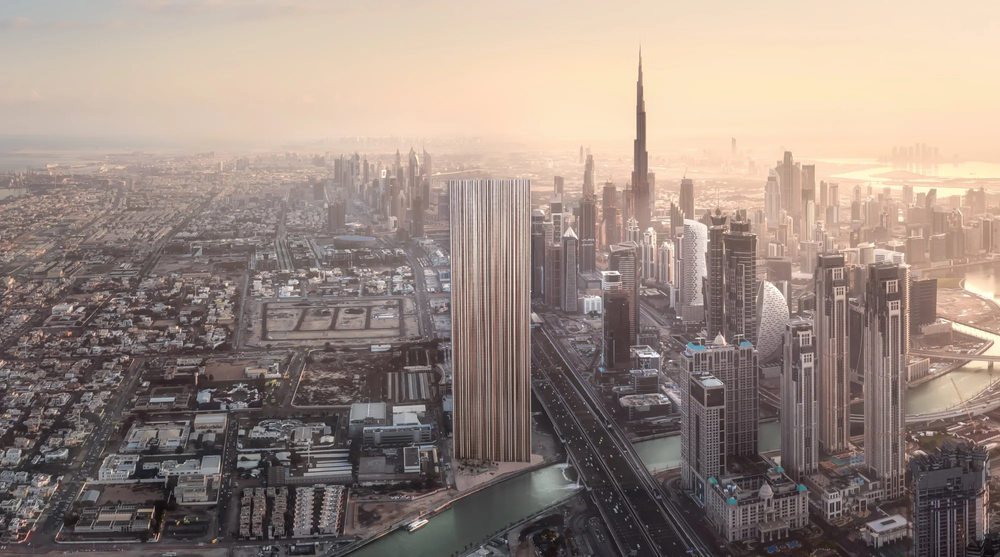 Muraba Veil tower in Al Wasl beside the Dubai Water Canal with Burj Khalifa and Business Bay skyline, official render