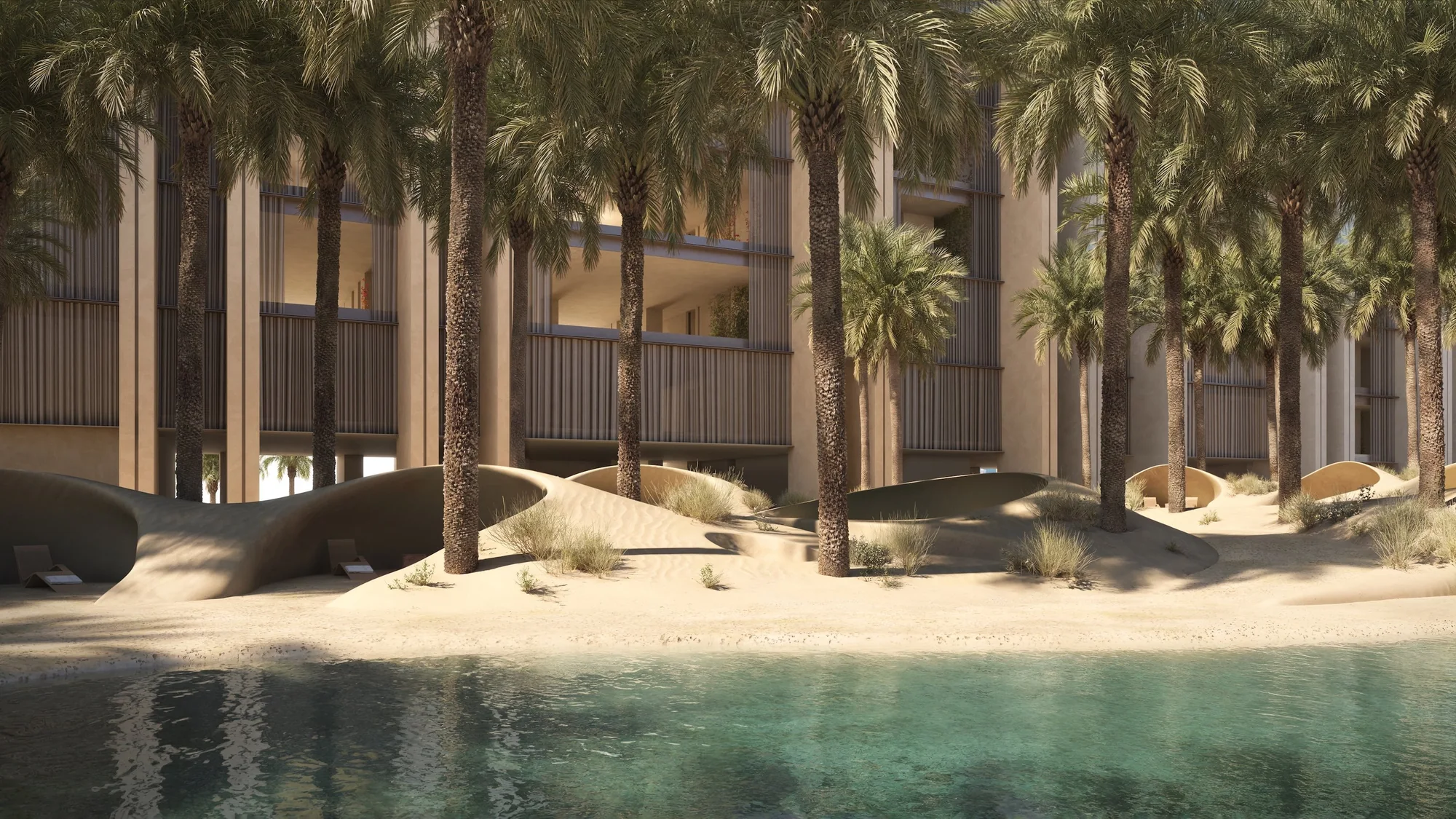 Muraba Veil dune pool with palm trees at the base of the tower, official render