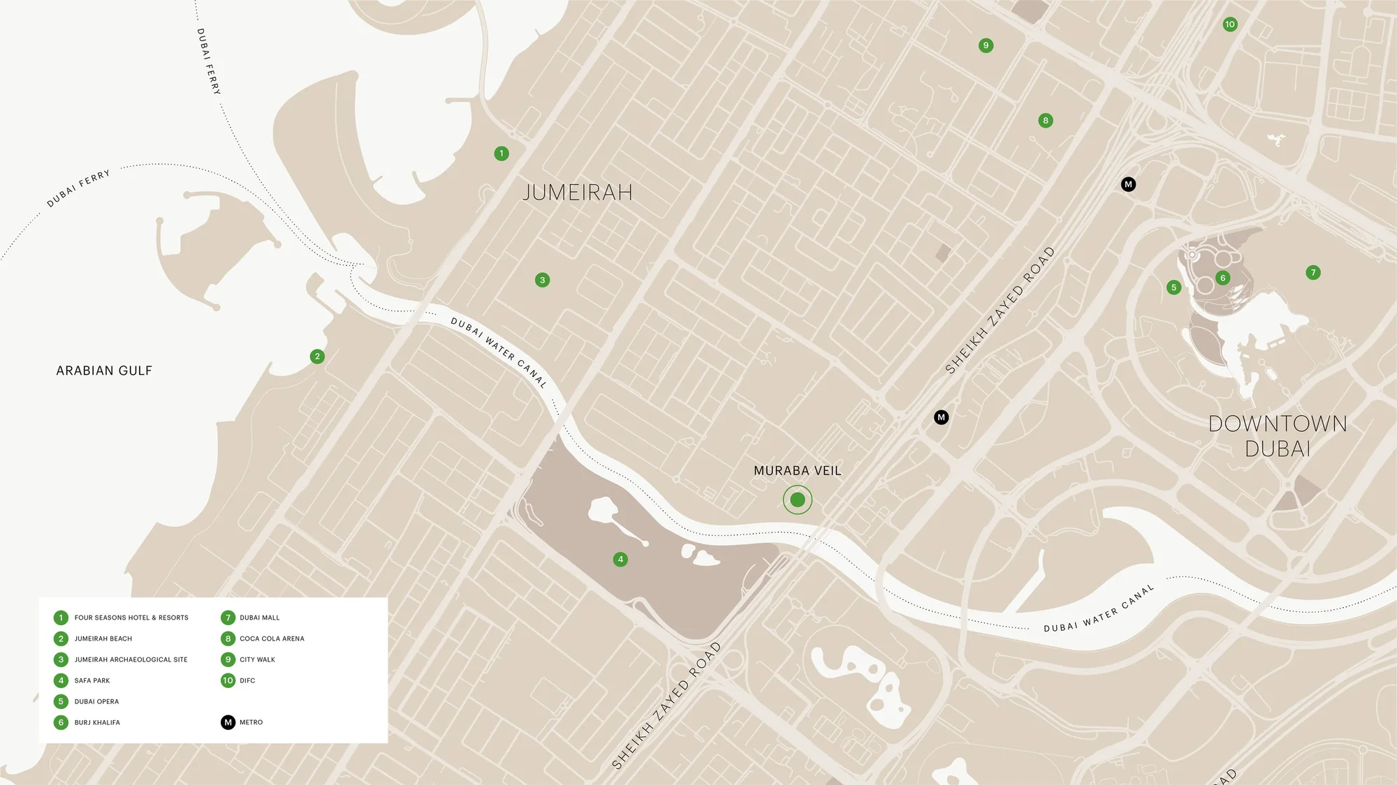Official Muraba Veil location map showing Al Wasl, Dubai Water Canal, Sheikh Zayed Road, Safa Park and Downtown Dubai