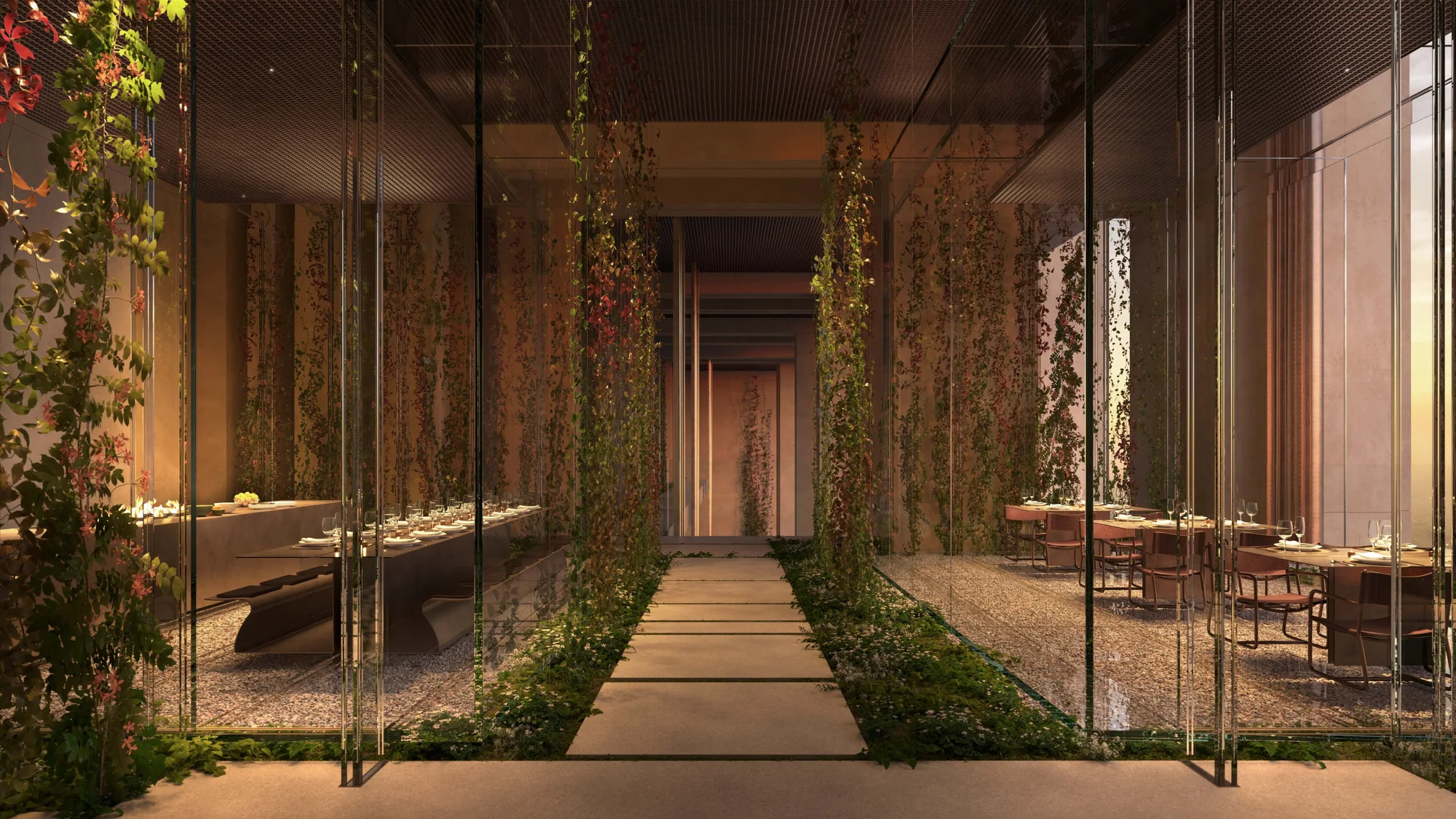 Muraba Veil rooftop restaurant with planted walls and glass enclosure, official render