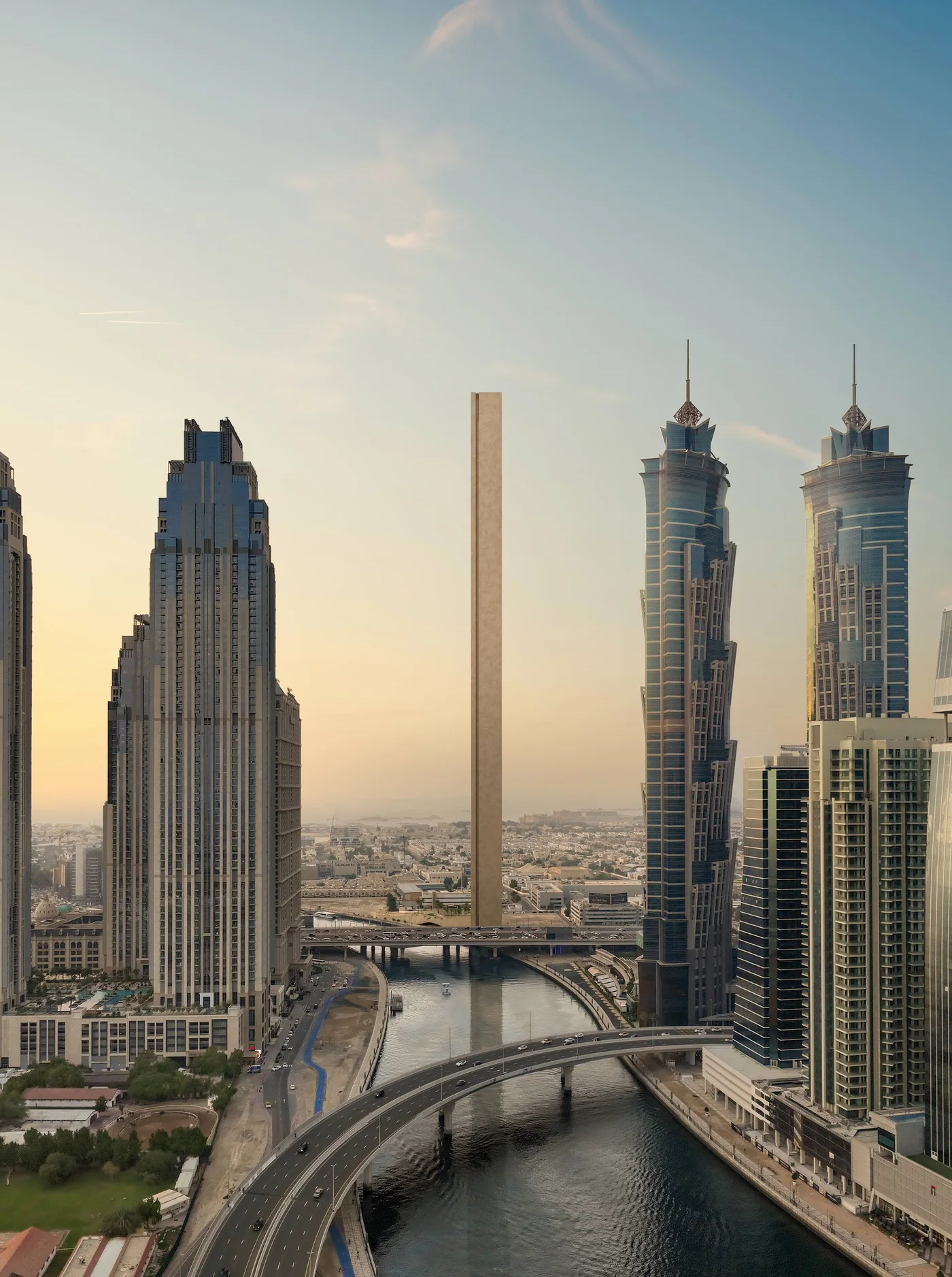 Slender 22.5-metre-wide Muraba Veil skyscraper rising over the Dubai Water Canal and Sheikh Zayed Road, official render