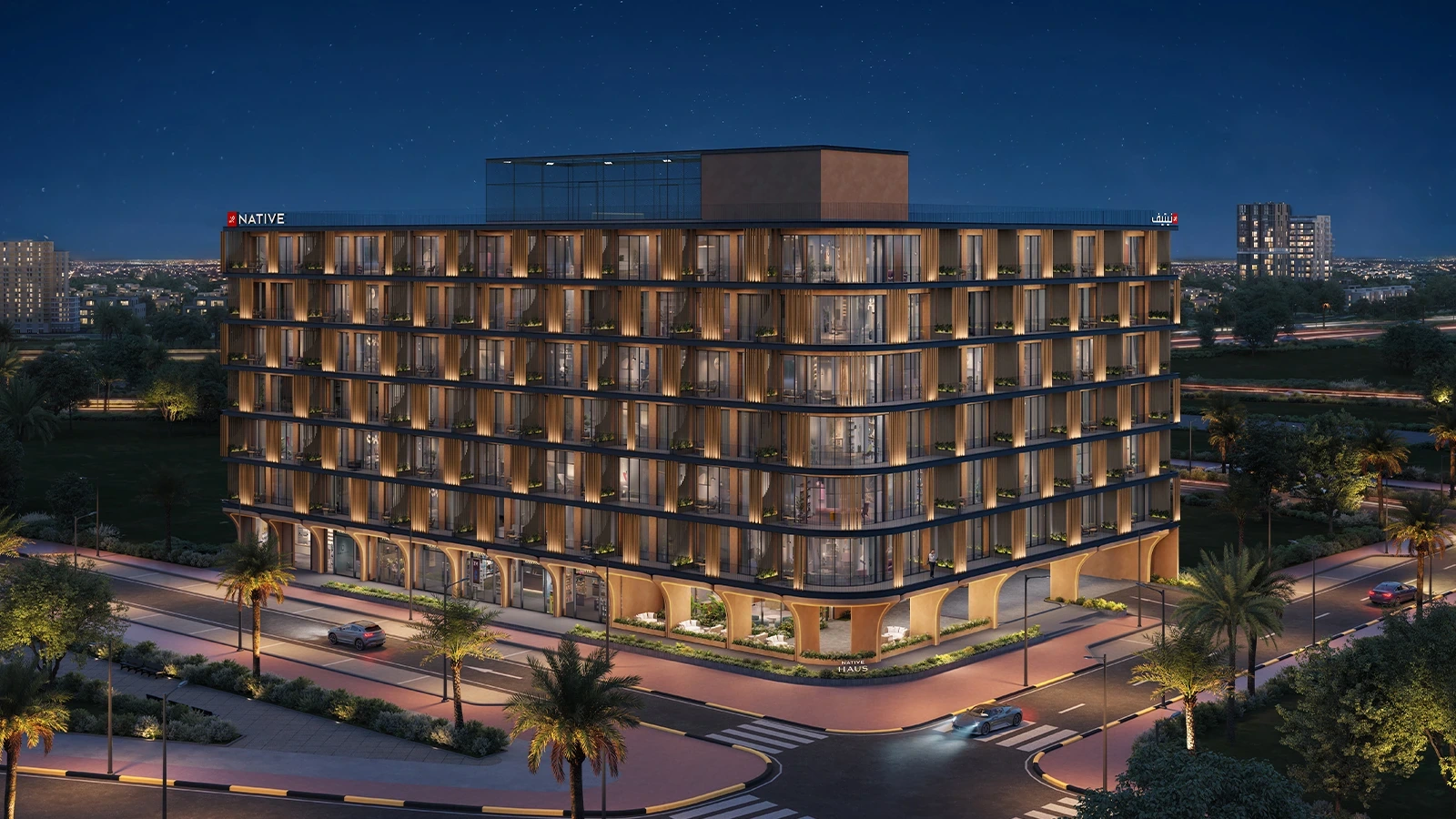 Native Haus by Native Properties at night, boutique apartment building in Jumeirah Village Triangle, Dubai