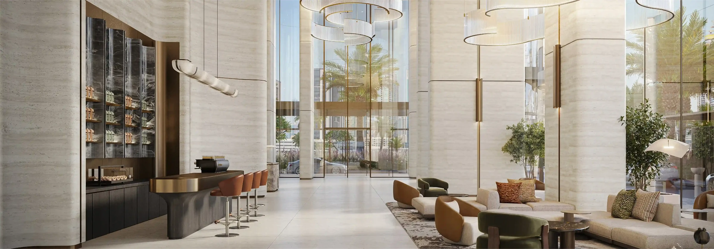 Double-height lobby interior render at Nine Collective by Wasl, Wasl 1, Dubai