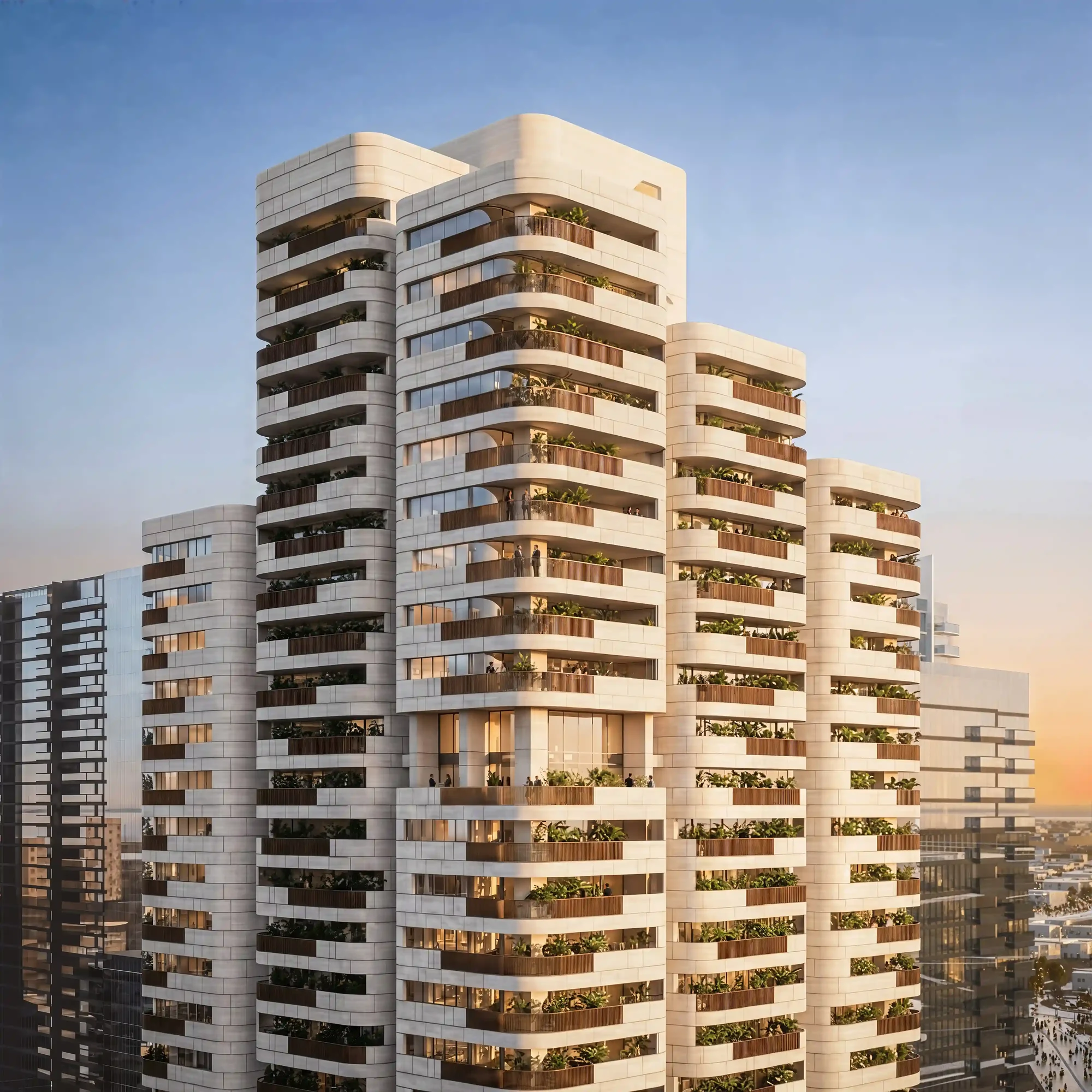 Stone-inspired facade and curved balconies at Nine Collective by Wasl, Dubai