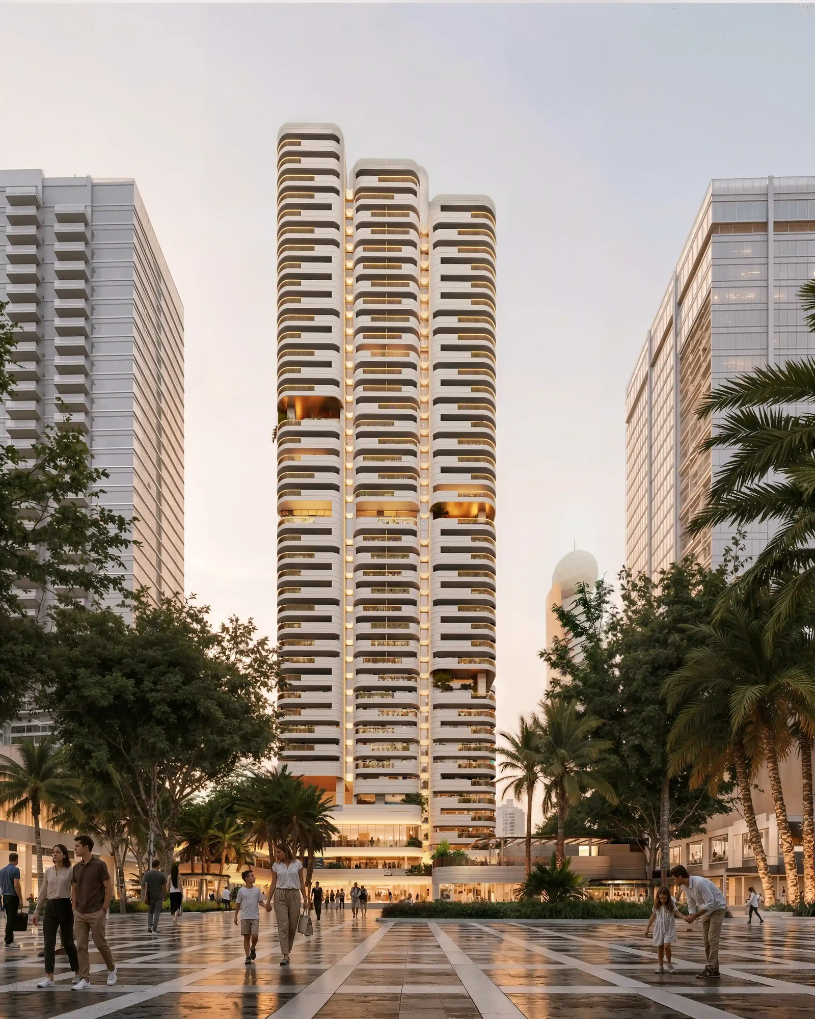 Nine Collective tower by Wasl rising above the Wasl 1 plaza at dusk, Al Kifaf, Dubai