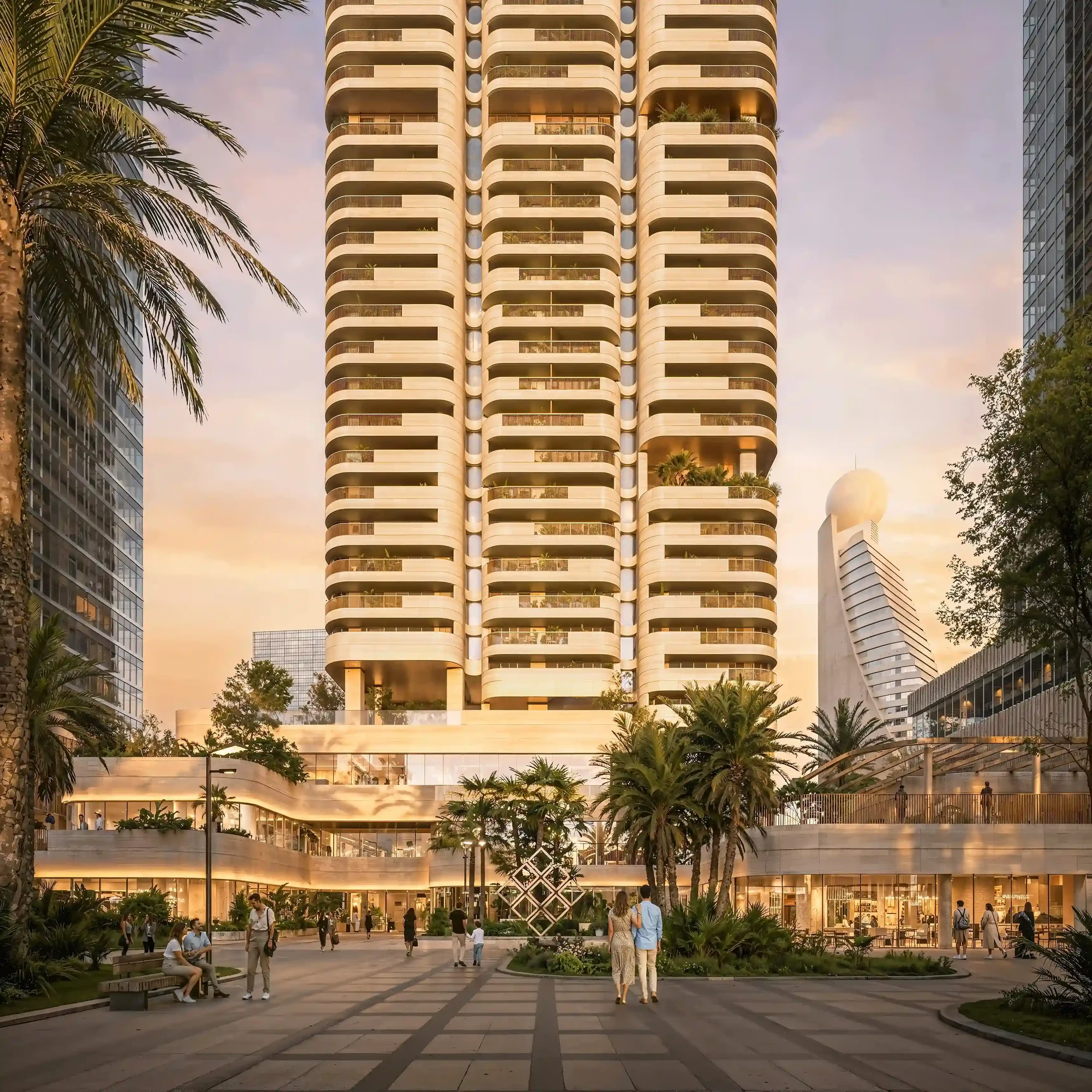 Nine Collective by Wasl tower and podium with landscaped plaza near Zabeel Park, Dubai