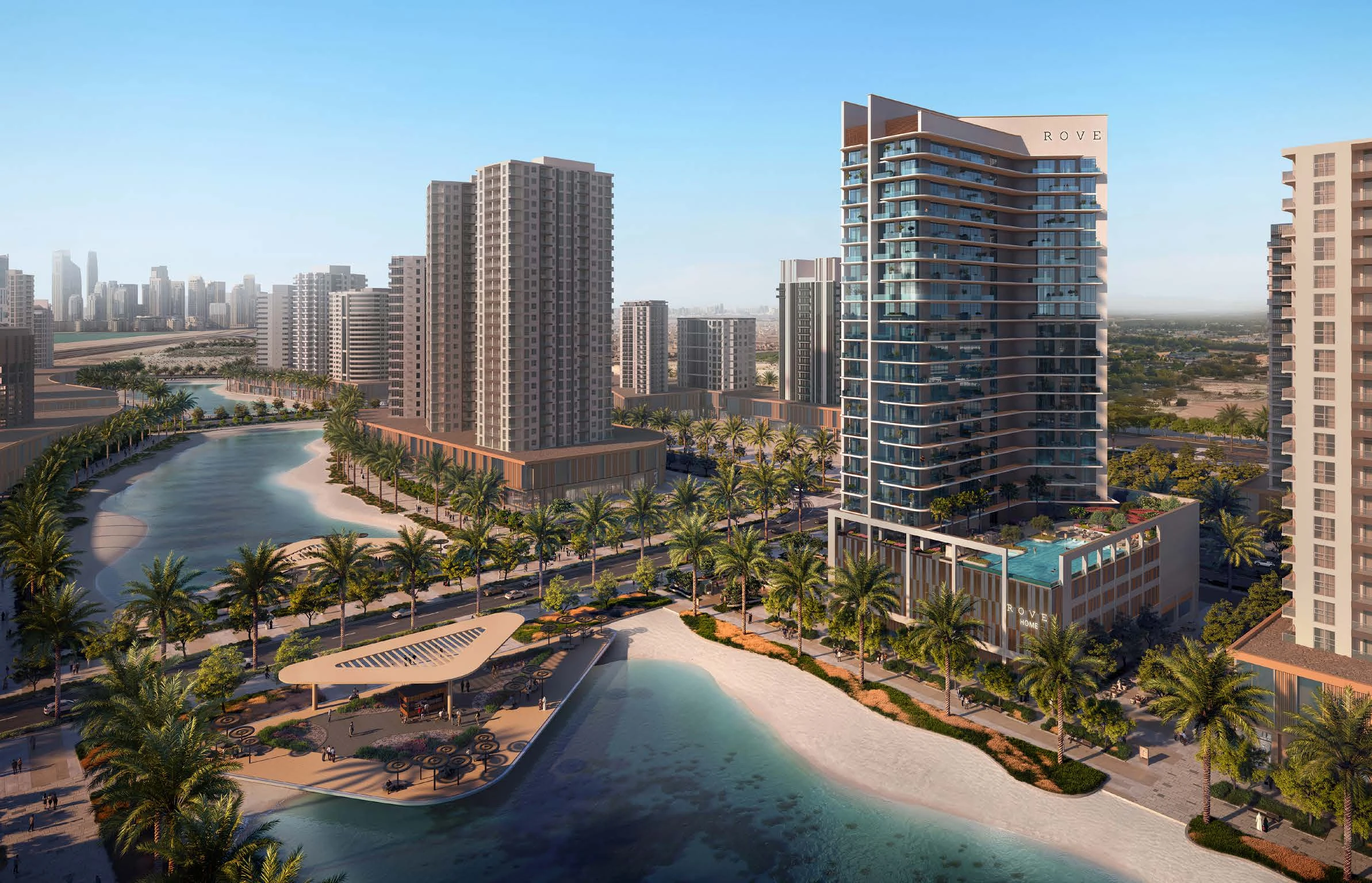 Aerial render of Rove Home Meydan Horizon beside the 2 km Meydan Horizon lagoon, Dubai