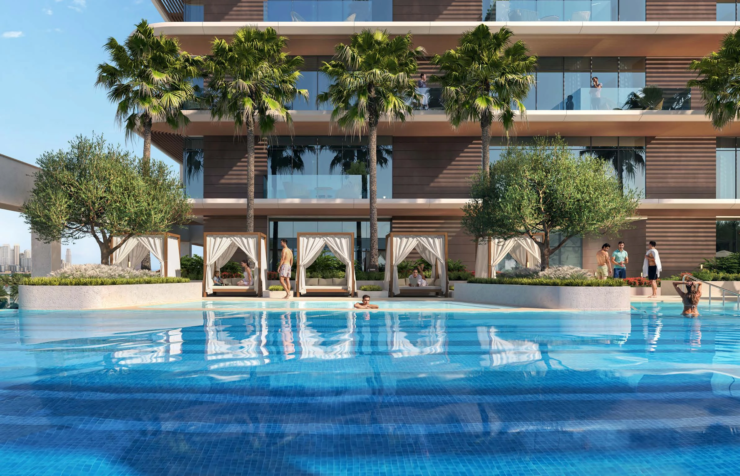 Outdoor swimming pool and cabanas at Rove Home Meydan Horizon, Dubai