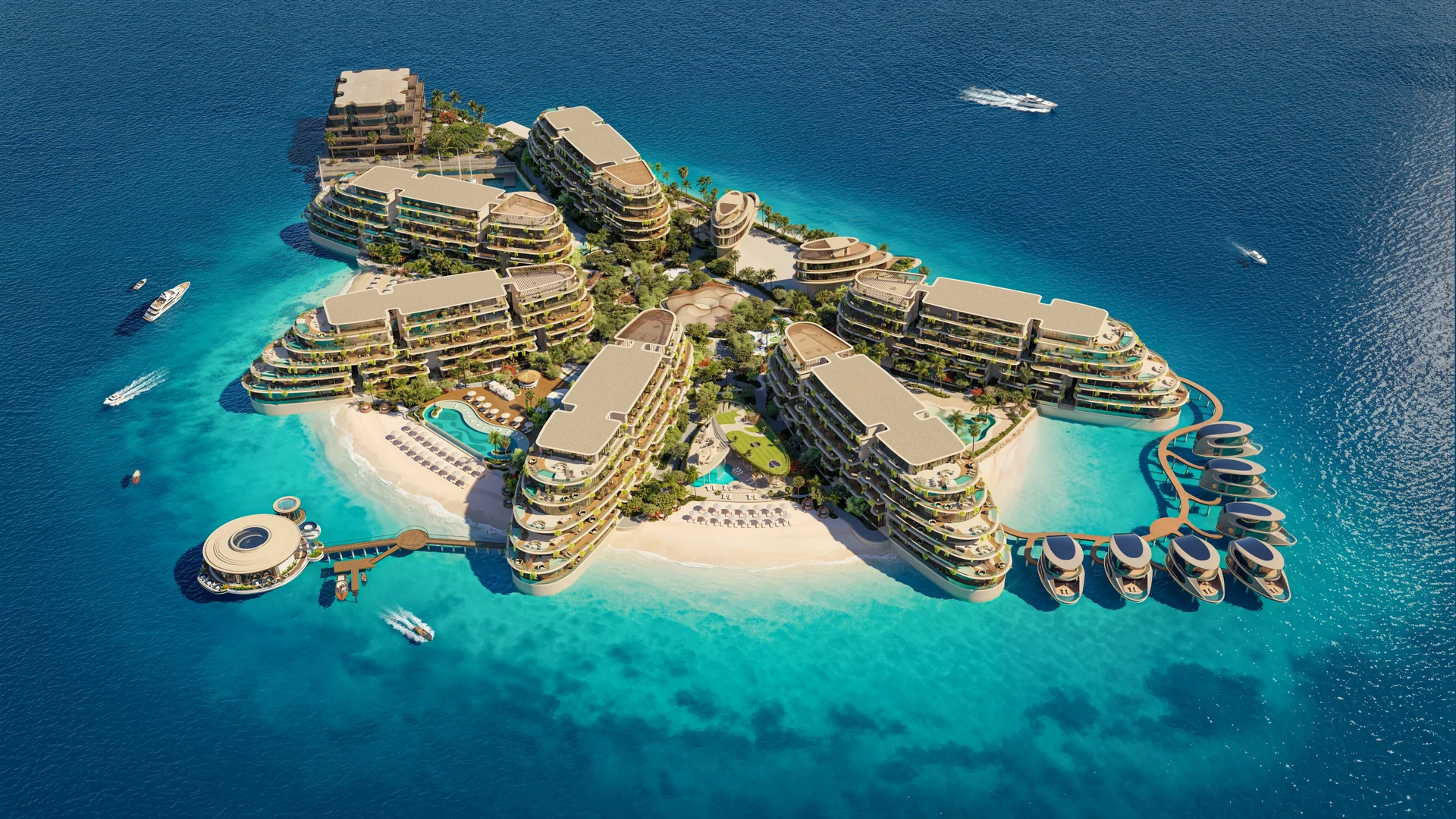 Aerial render of the SAMANA COLLECTA World Islands development with residential buildings, beaches, lagoon and floating villas