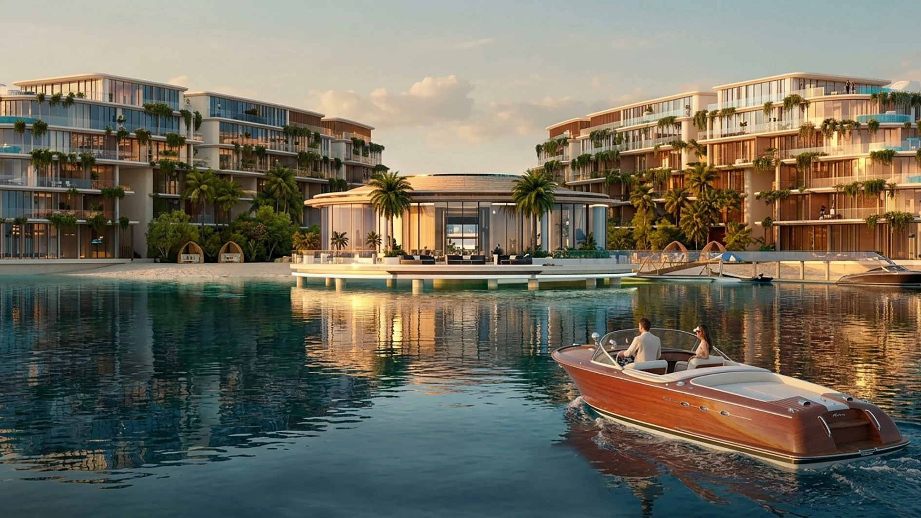 SAMANA COLLECTA World Islands residences and waterfront pavilion seen from the sea at sunset