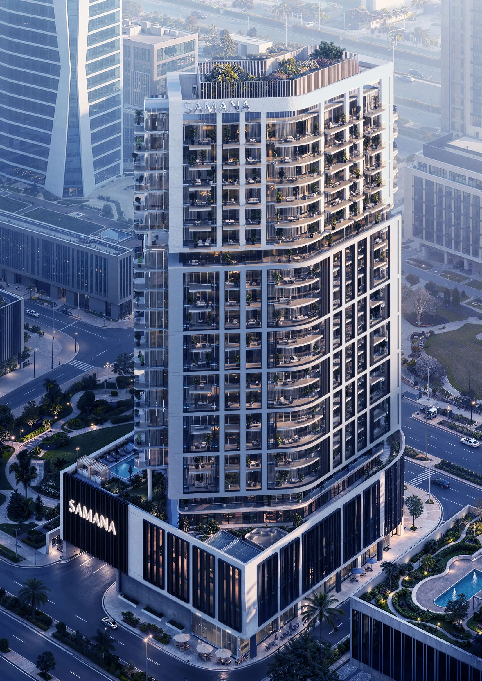 Aerial render of SAMANA Downtown One showing the tower, podium amenities and surrounding Jebel Ali district