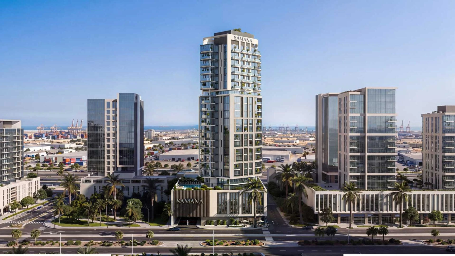 SAMANA Downtown One residential tower in Downtown Jebel Ali beside Sheikh Zayed Road, official exterior render