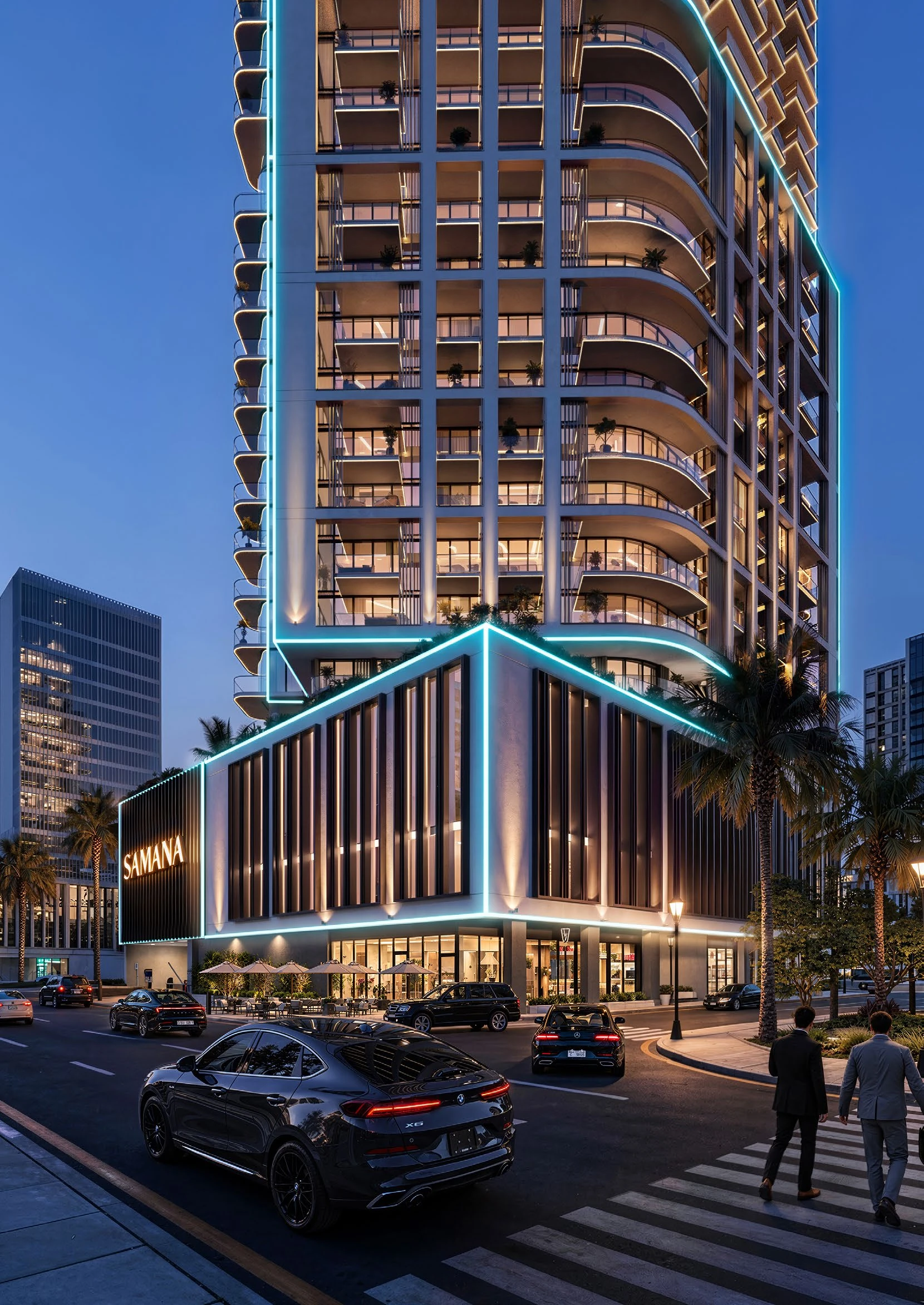 SAMANA Downtown One tower and podium entrance at street level at dusk, official render